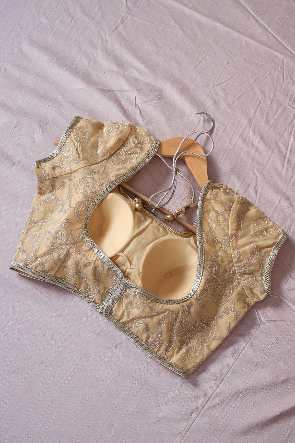 Beige Zari Embroidery Net Stitched Blouse - doeraa