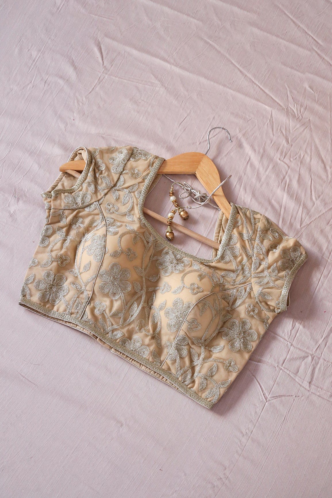 Beige Zari Embroidery Net Stitched Blouse - doeraa