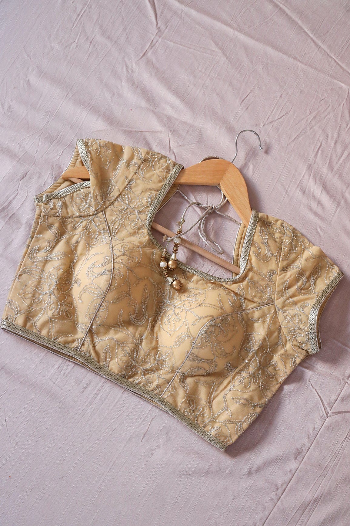 Beige Zari Embroidery Net Stitched Blouse - doeraa