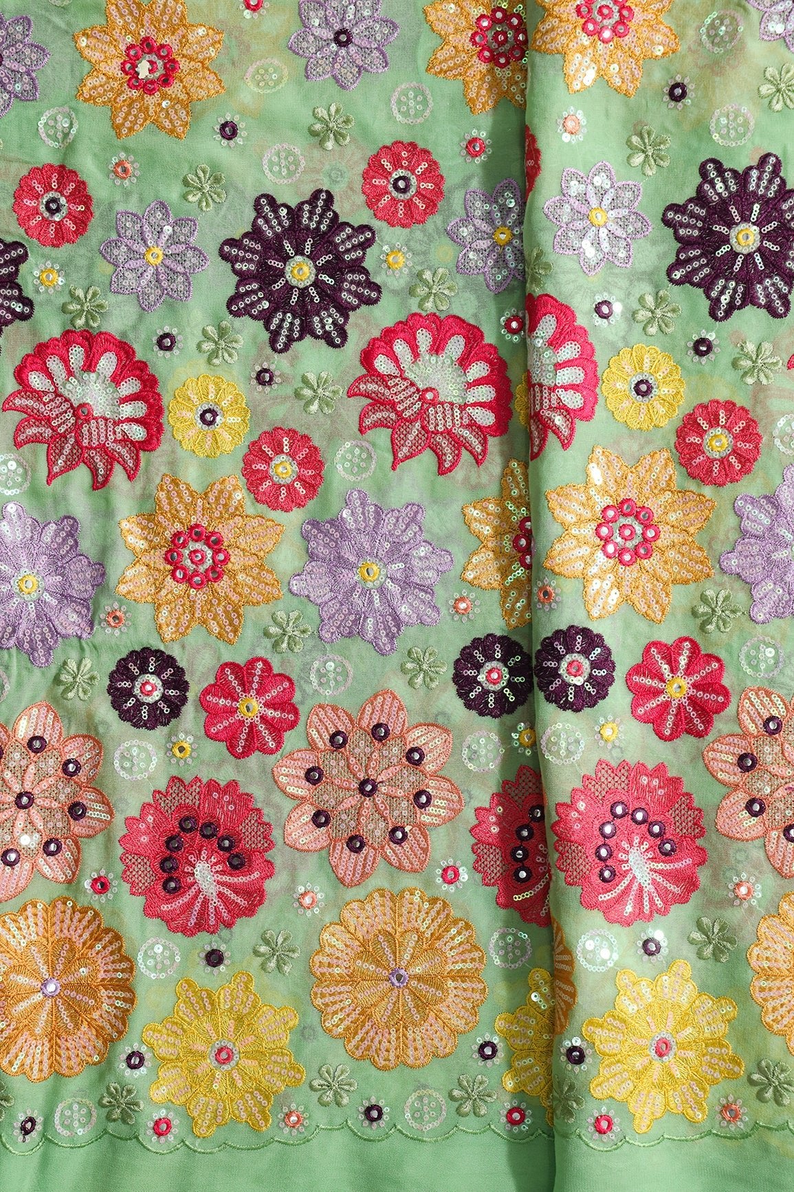 Big Width "52" Exclusive Floral Designer Embroidery With Faux Mirror On Olive Viscose Georgette Fabric - doeraa