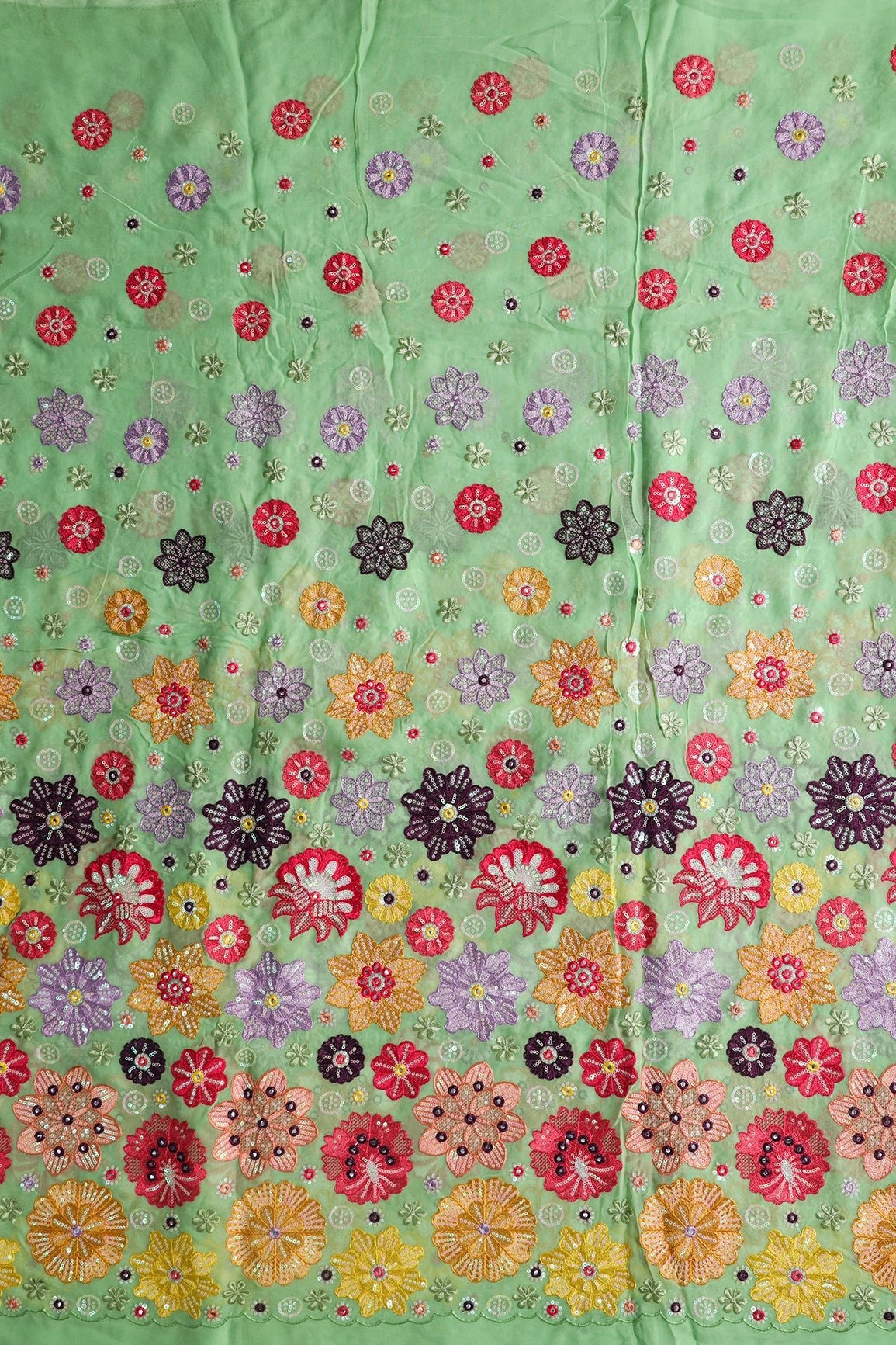 Big Width "52" Exclusive Floral Designer Embroidery With Faux Mirror On Olive Viscose Georgette Fabric - doeraa