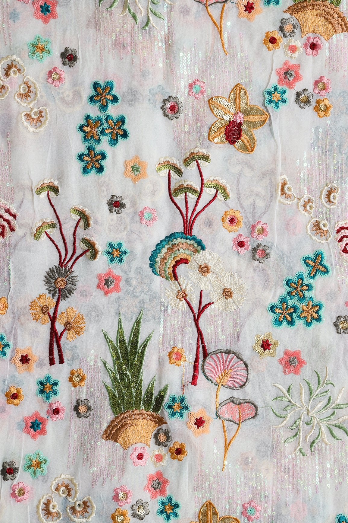 Big Width "52" Multi Sequins With Multi Thread Traditional Embroidery On Dyeable White Viscose Georgette Fabric - doeraa