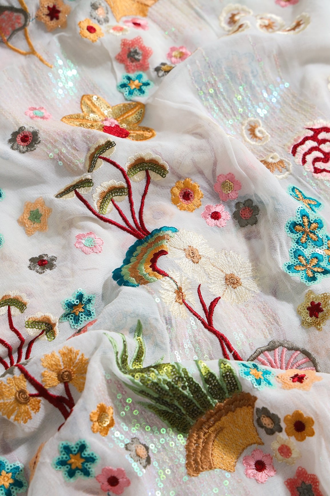 Big Width "52" Multi Sequins With Multi Thread Traditional Embroidery On Dyeable White Viscose Georgette Fabric - doeraa