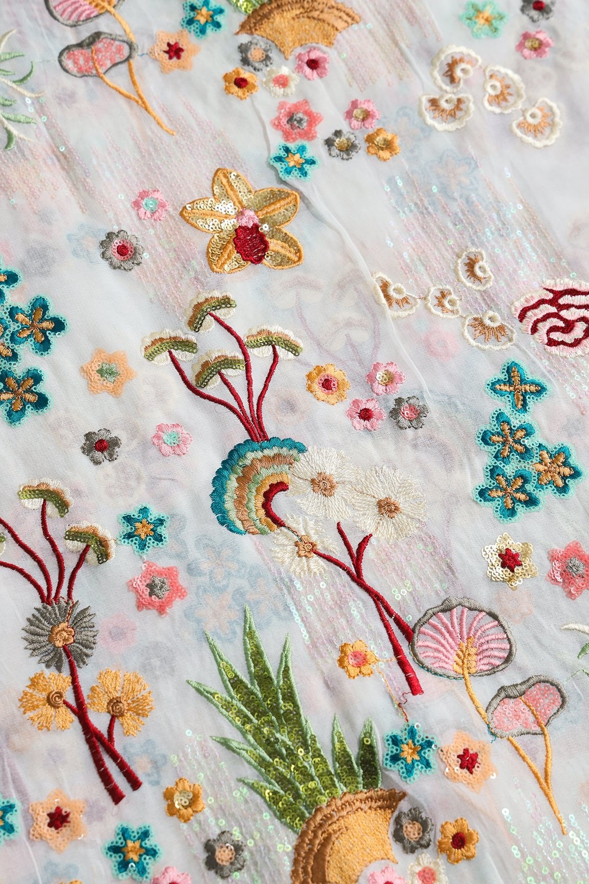 Big Width "52" Multi Sequins With Multi Thread Traditional Embroidery On Dyeable White Viscose Georgette Fabric - doeraa