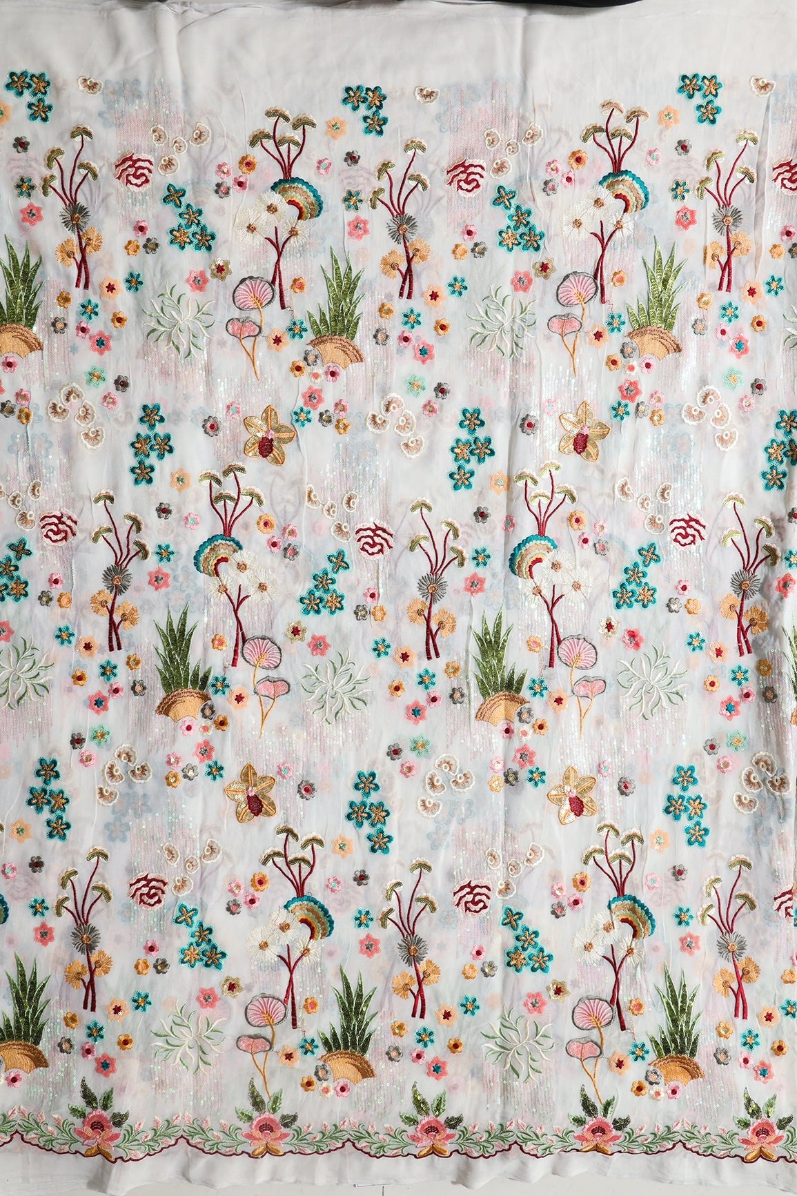 Big Width "52" Multi Sequins With Multi Thread Traditional Embroidery On Dyeable White Viscose Georgette Fabric - doeraa