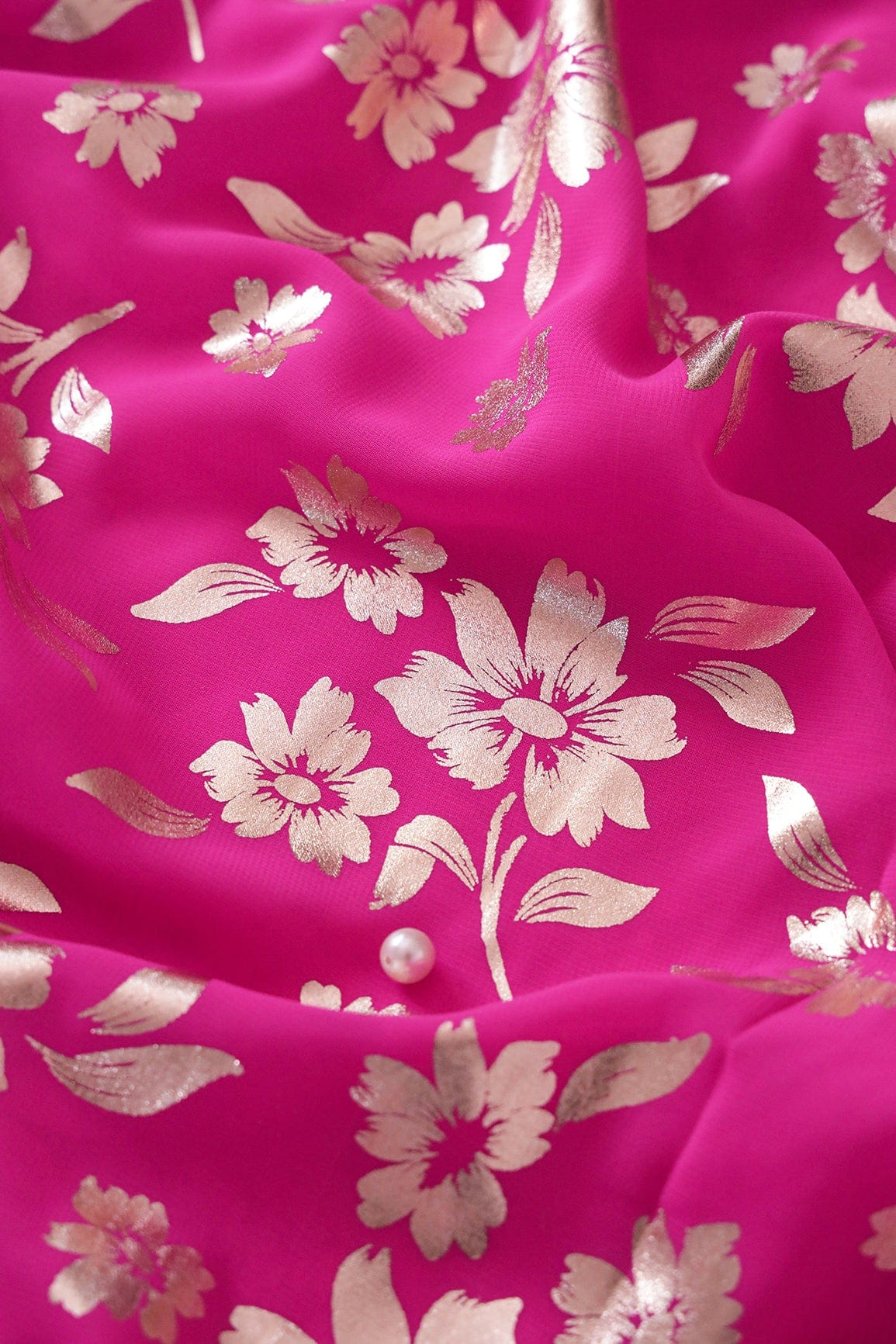 Big Width "56" Beautiful Floral Gold Foil Print On Fuchsia Georgette Fabric - doeraa