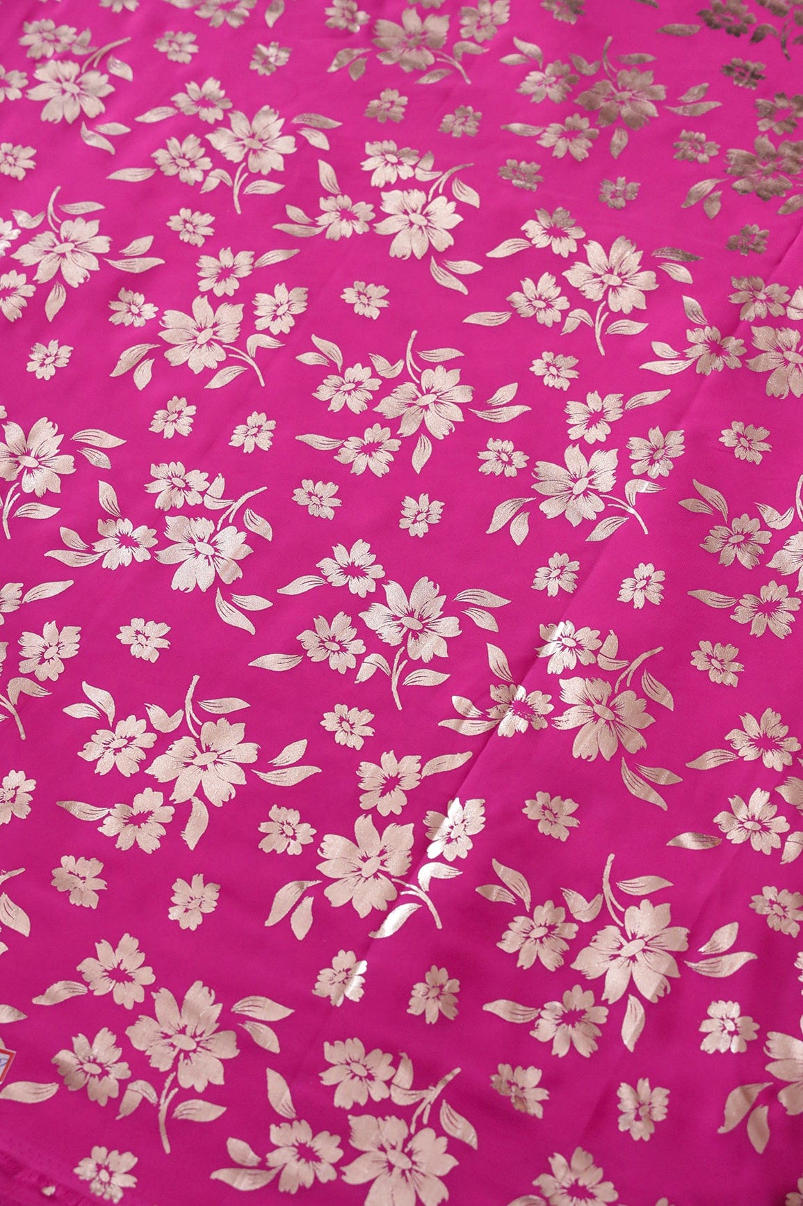 Big Width "56" Beautiful Floral Gold Foil Print On Fuchsia Georgette Fabric - doeraa