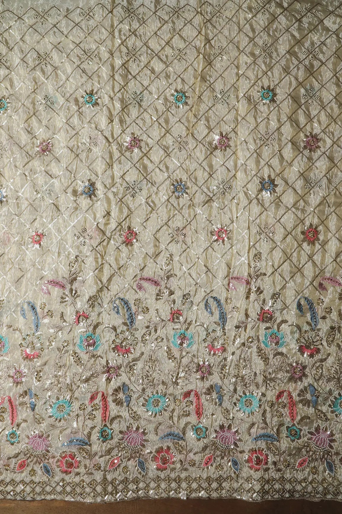 Big Width 56 Gold Sequins With Beads Checks Embroidery On Dyeable Viscose Zari Tissue Fabric With Floral Border - doeraa