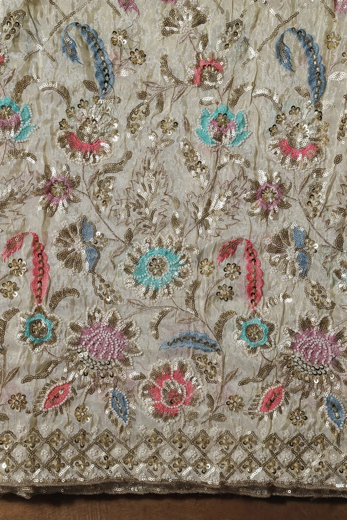 Big Width 56 Gold Sequins With Beads Checks Embroidery On Dyeable Viscose Zari Tissue Fabric With Floral Border - doeraa