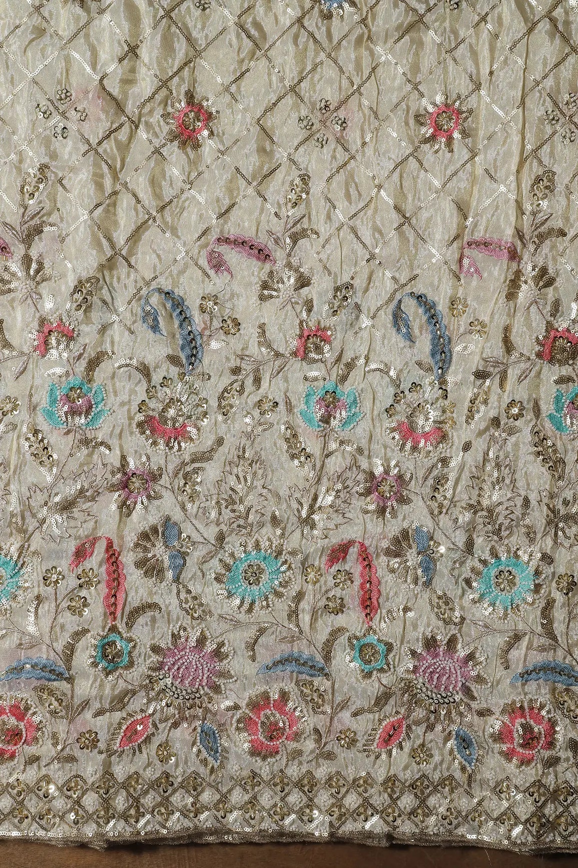 Big Width 56 Gold Sequins With Beads Checks Embroidery On Dyeable Viscose Zari Tissue Fabric With Floral Border - doeraa