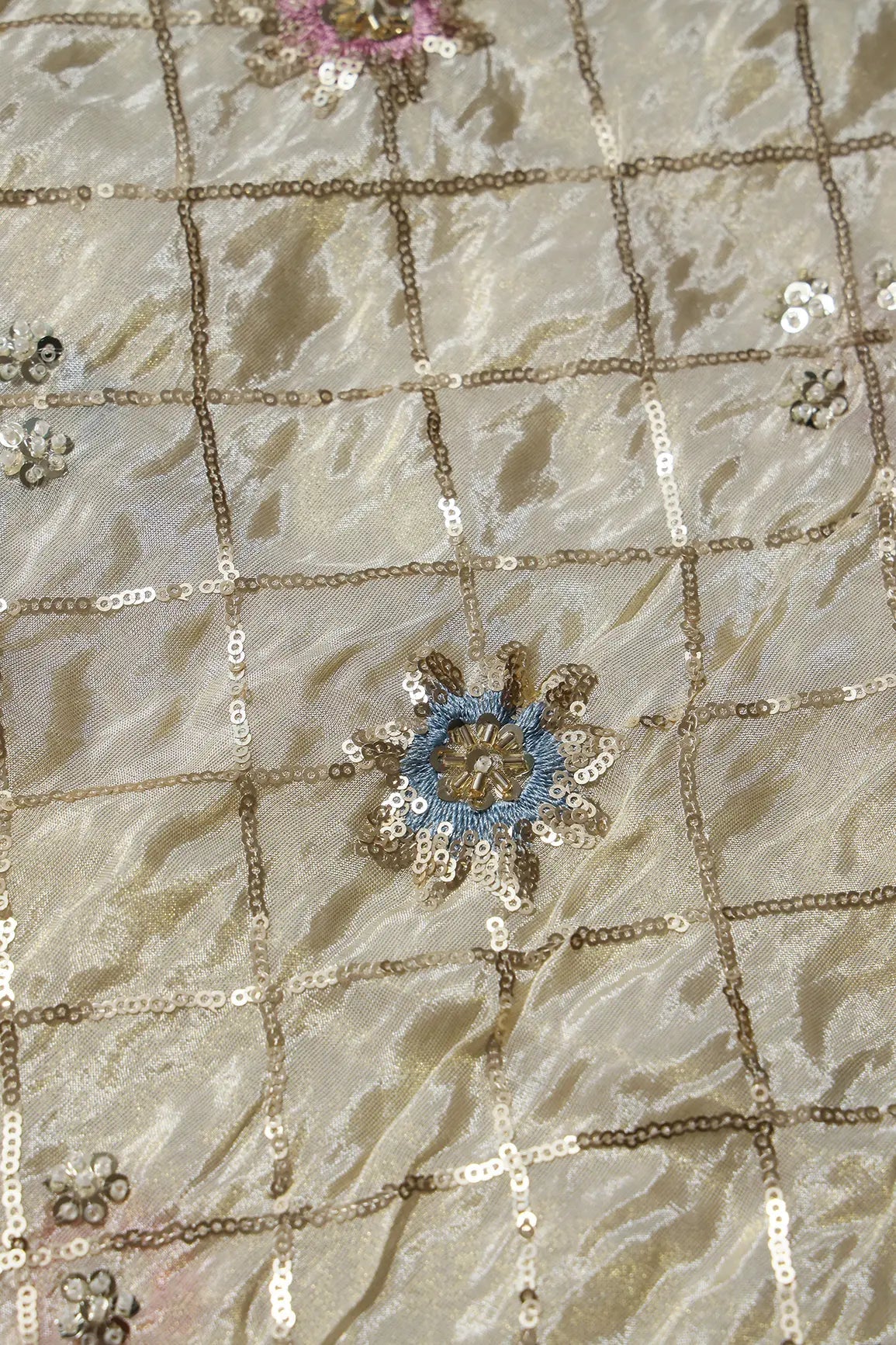 Big Width 56 Gold Sequins With Beads Checks Embroidery On Dyeable Viscose Zari Tissue Fabric With Floral Border - doeraa