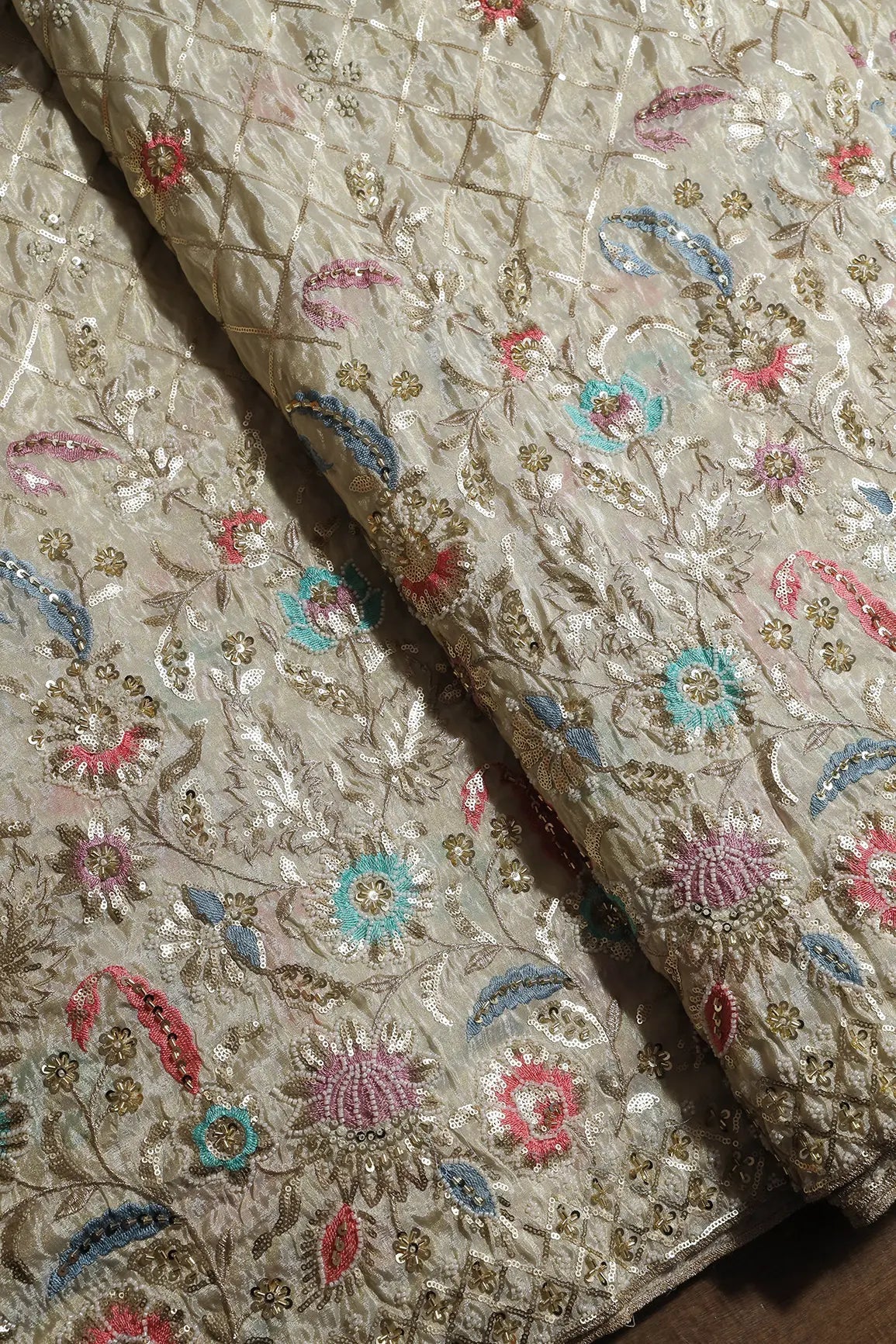 Big Width 56 Gold Sequins With Beads Checks Embroidery On Dyeable Viscose Zari Tissue Fabric With Floral Border - doeraa