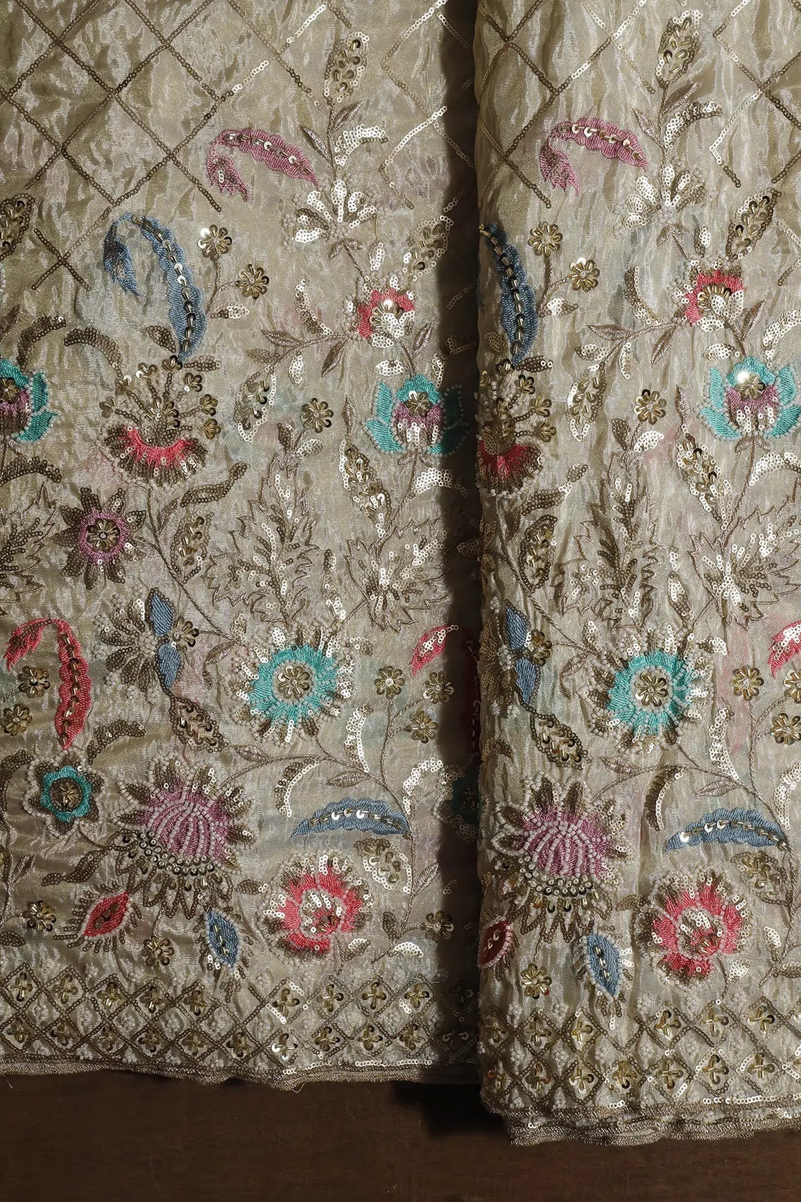 Big Width 56 Gold Sequins With Beads Checks Embroidery On Dyeable Viscose Zari Tissue Fabric With Floral Border - doeraa