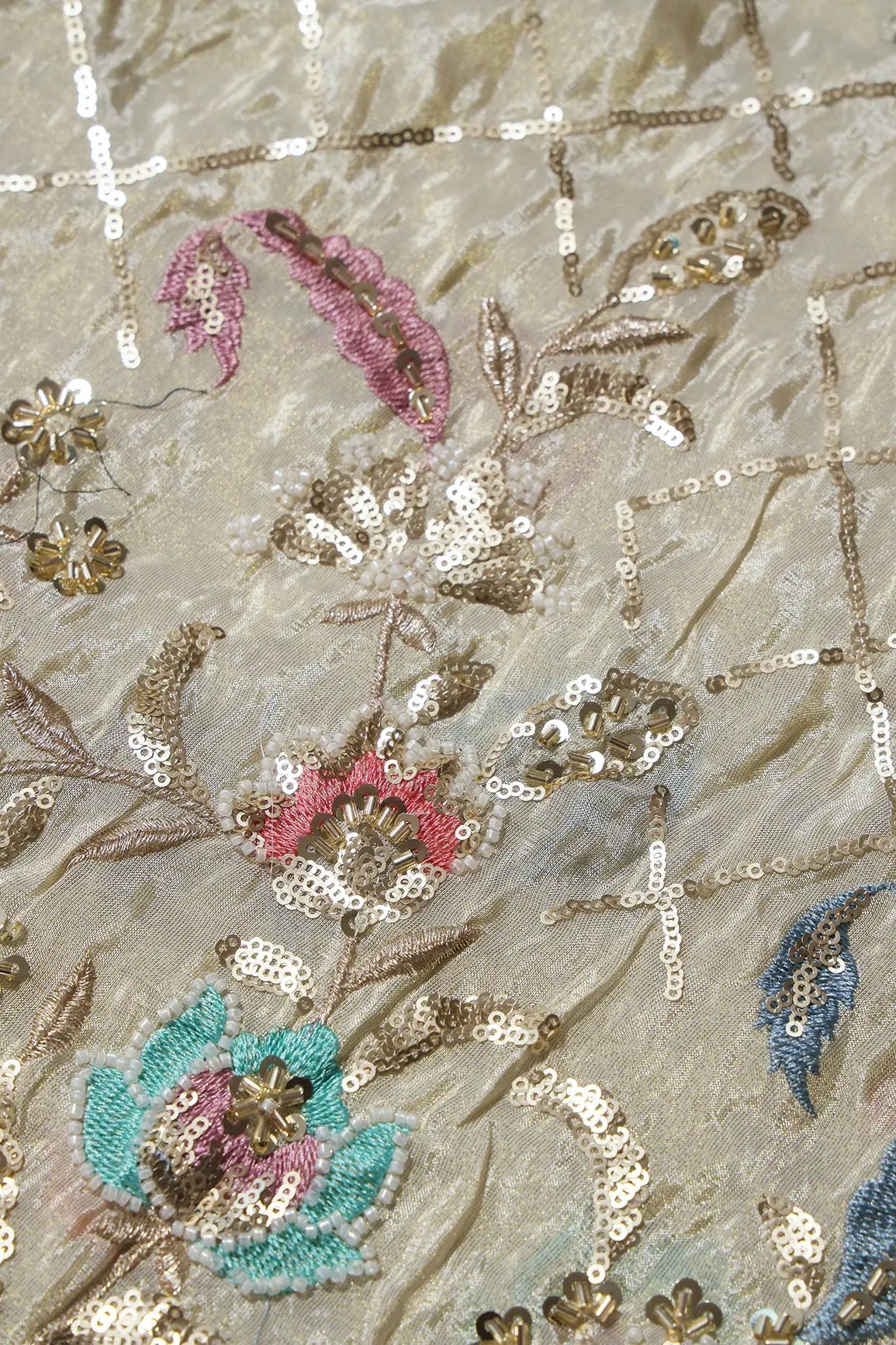 Big Width 56 Gold Sequins With Beads Checks Embroidery On Dyeable Viscose Zari Tissue Fabric With Floral Border - doeraa