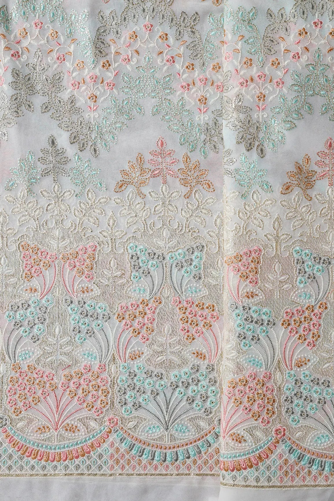 Big Width "56" Multi Color Pastel Thread Floral Embroidery On Dyeable White Viscose Georgette Fabric With Border - doeraa
