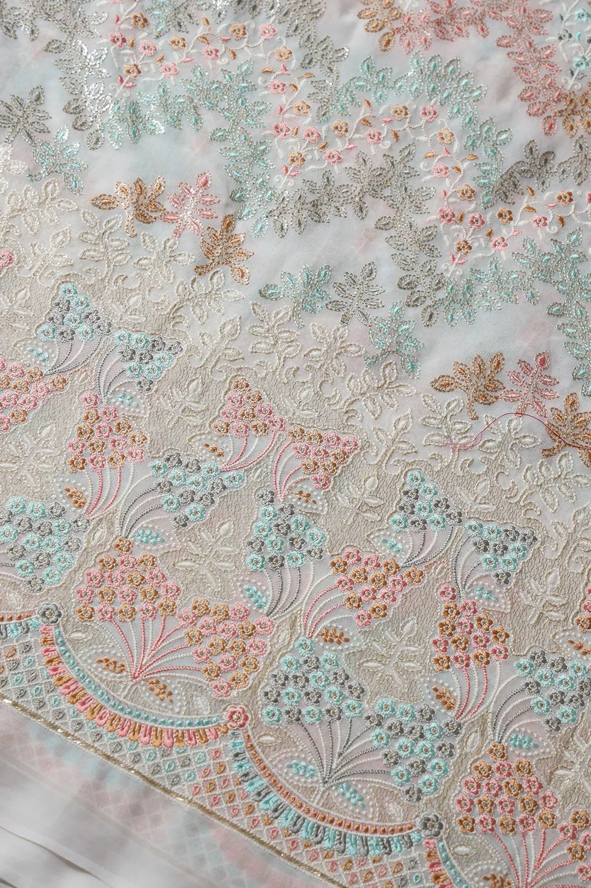 Big Width "56" Multi Color Pastel Thread Floral Embroidery On Dyeable White Viscose Georgette Fabric With Border - doeraa