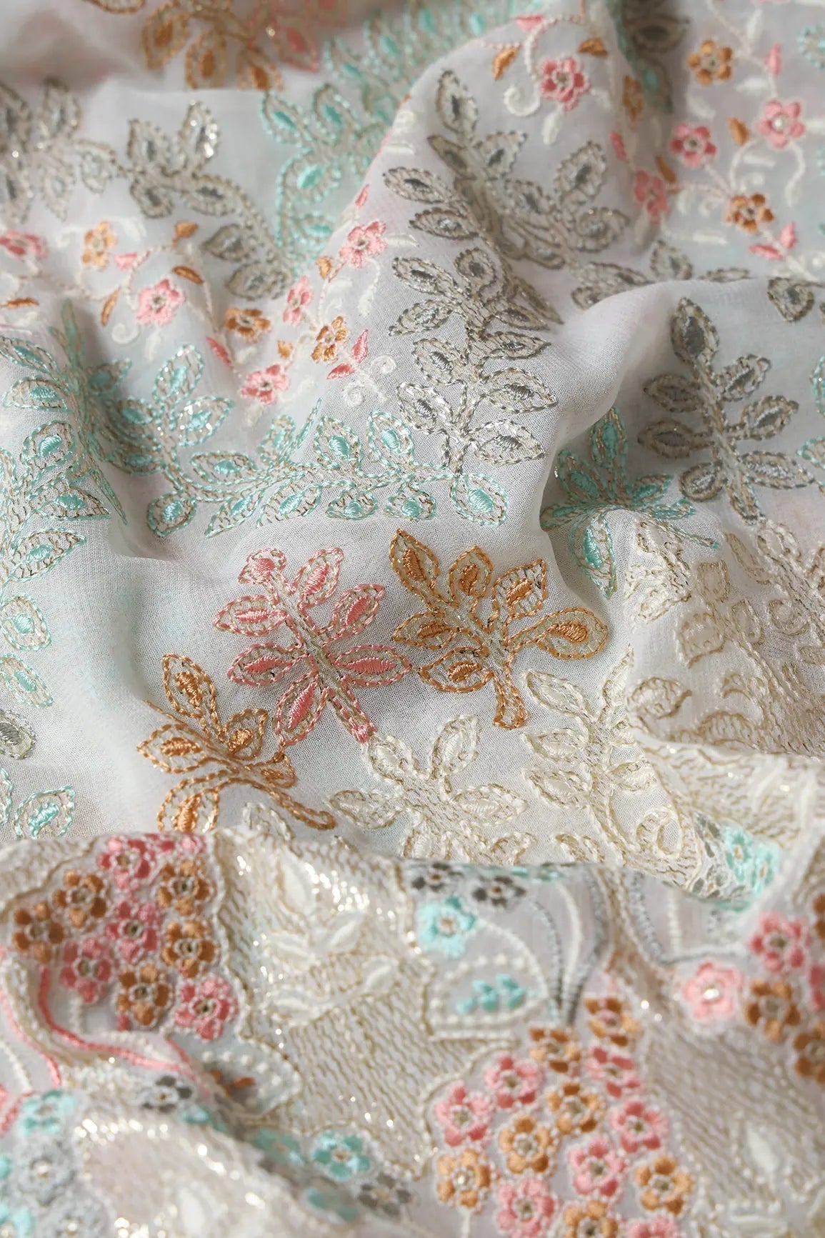 Big Width "56" Multi Color Pastel Thread Floral Embroidery On Dyeable White Viscose Georgette Fabric With Border - doeraa