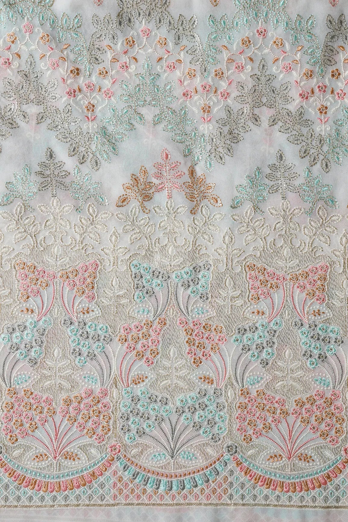 Big Width "56" Multi Color Pastel Thread Floral Embroidery On Dyeable White Viscose Georgette Fabric With Border - doeraa