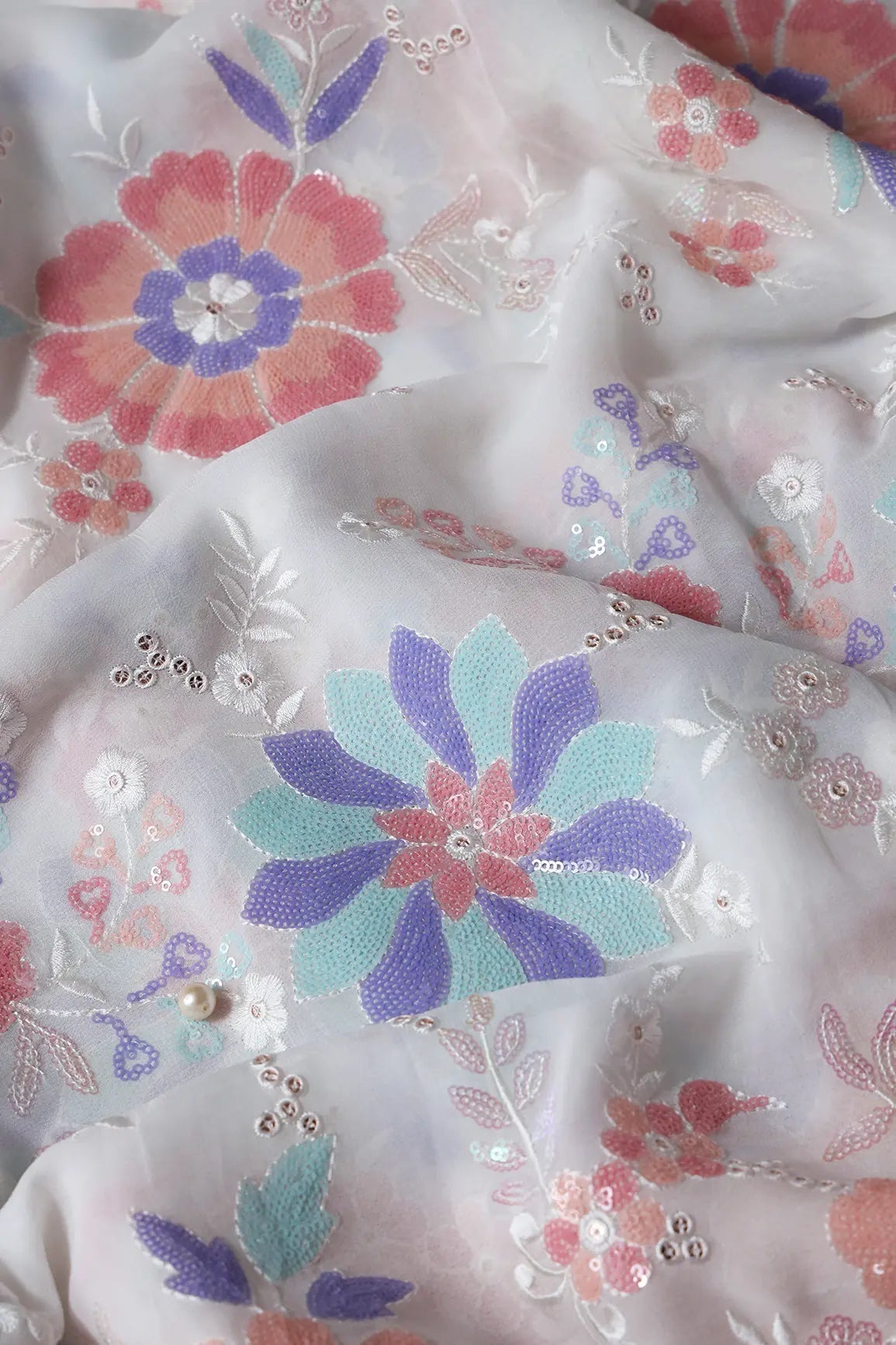 Big Width "56" Multi Sequins Beautiful Floral Embroidery On White Viscose Georgette Fabric - doeraa