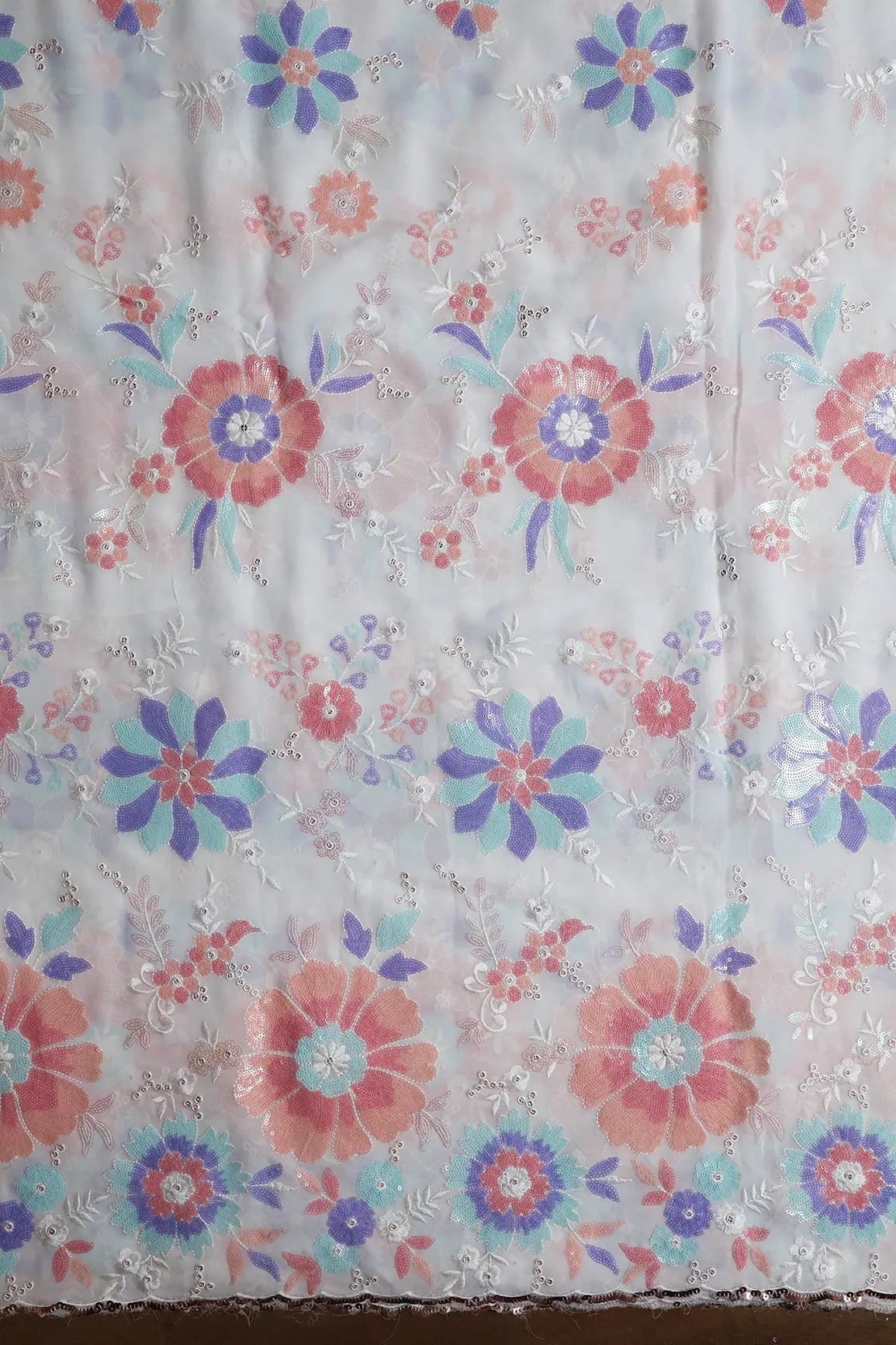 Big Width "56" Multi Sequins Beautiful Floral Embroidery On White Viscose Georgette Fabric - doeraa