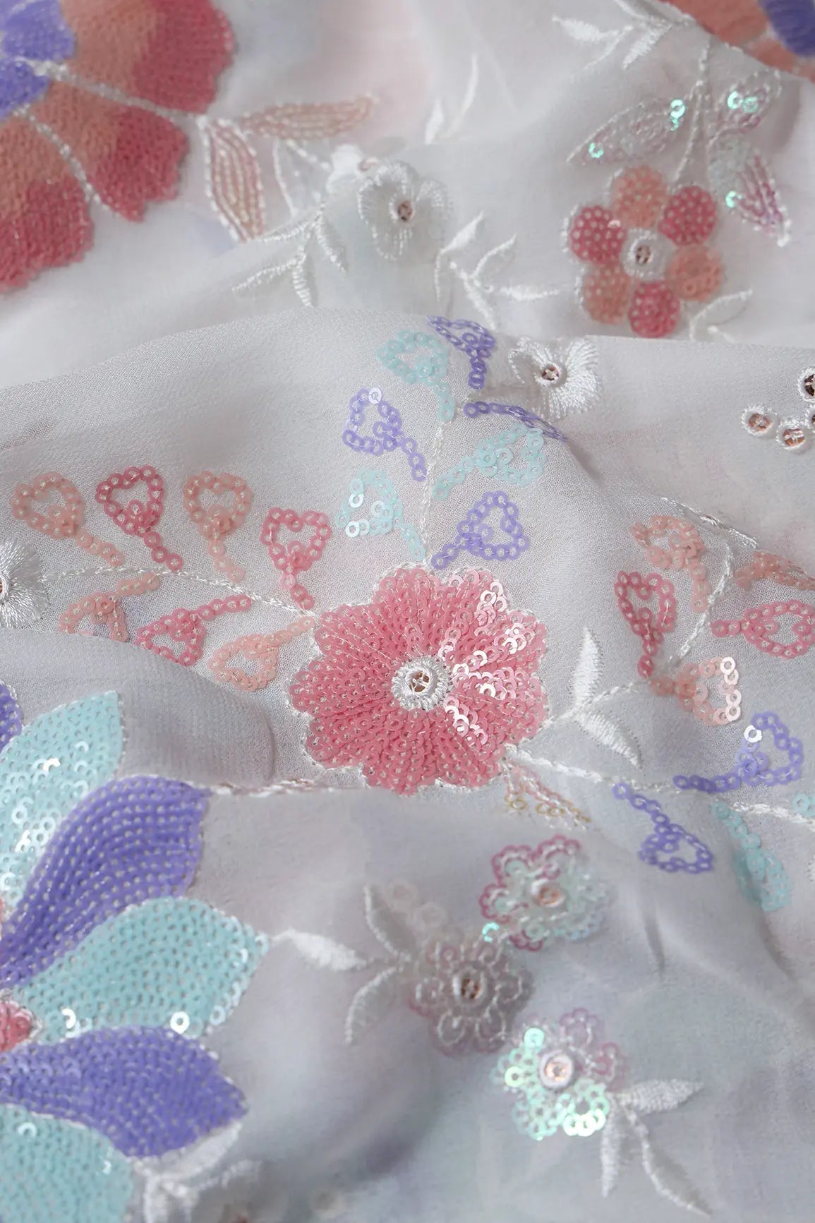 Big Width "56" Multi Sequins Beautiful Floral Embroidery On White Viscose Georgette Fabric - doeraa