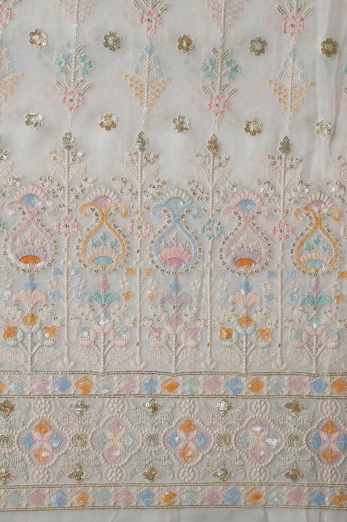 Big Width "56" Multi Sequins With White Thread Traditional Embroidery On Dyeable White Viscose Georgette Fabric With Border - doeraa