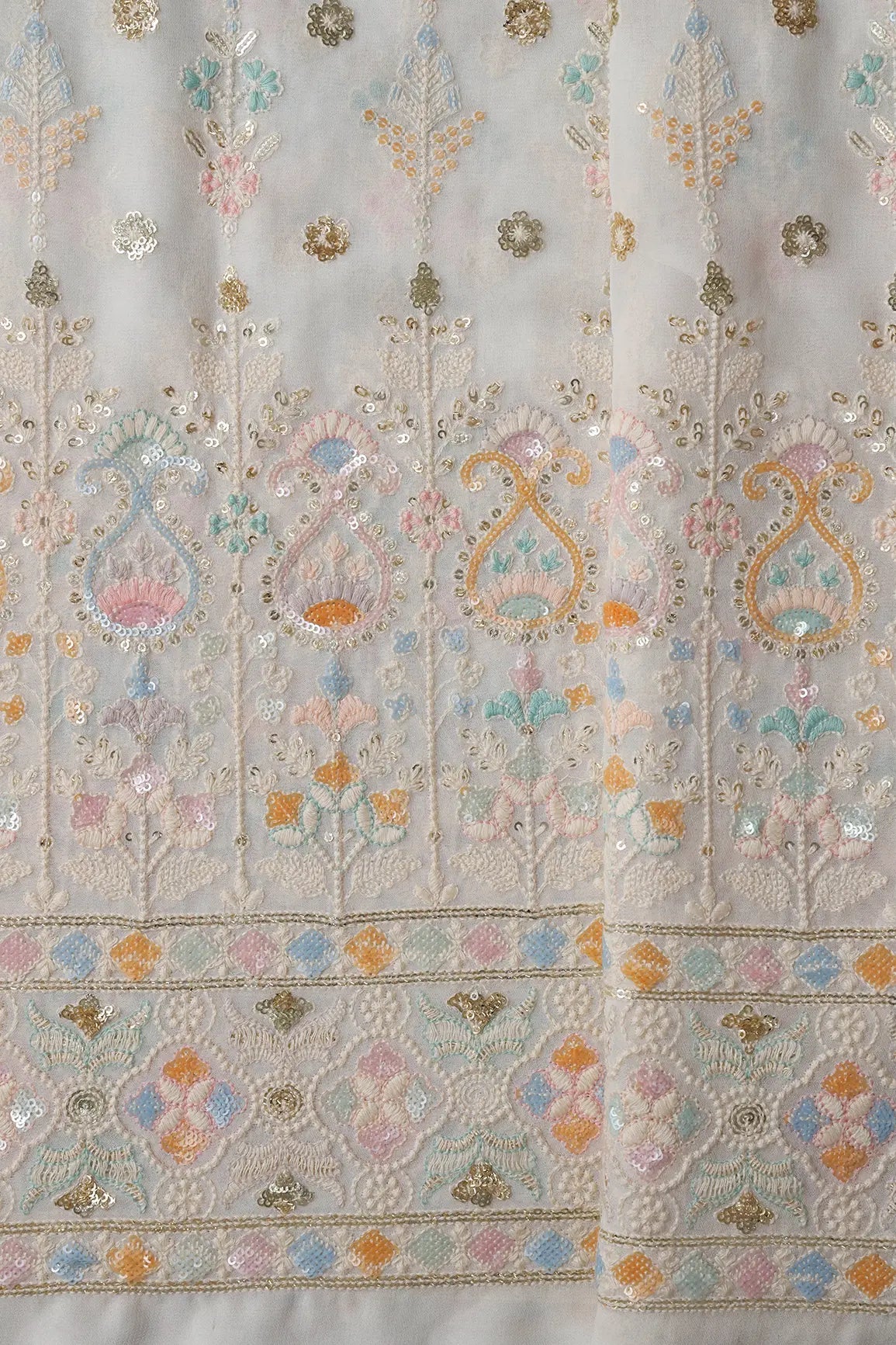 Big Width "56" Multi Sequins With White Thread Traditional Embroidery On Dyeable White Viscose Georgette Fabric With Border - doeraa