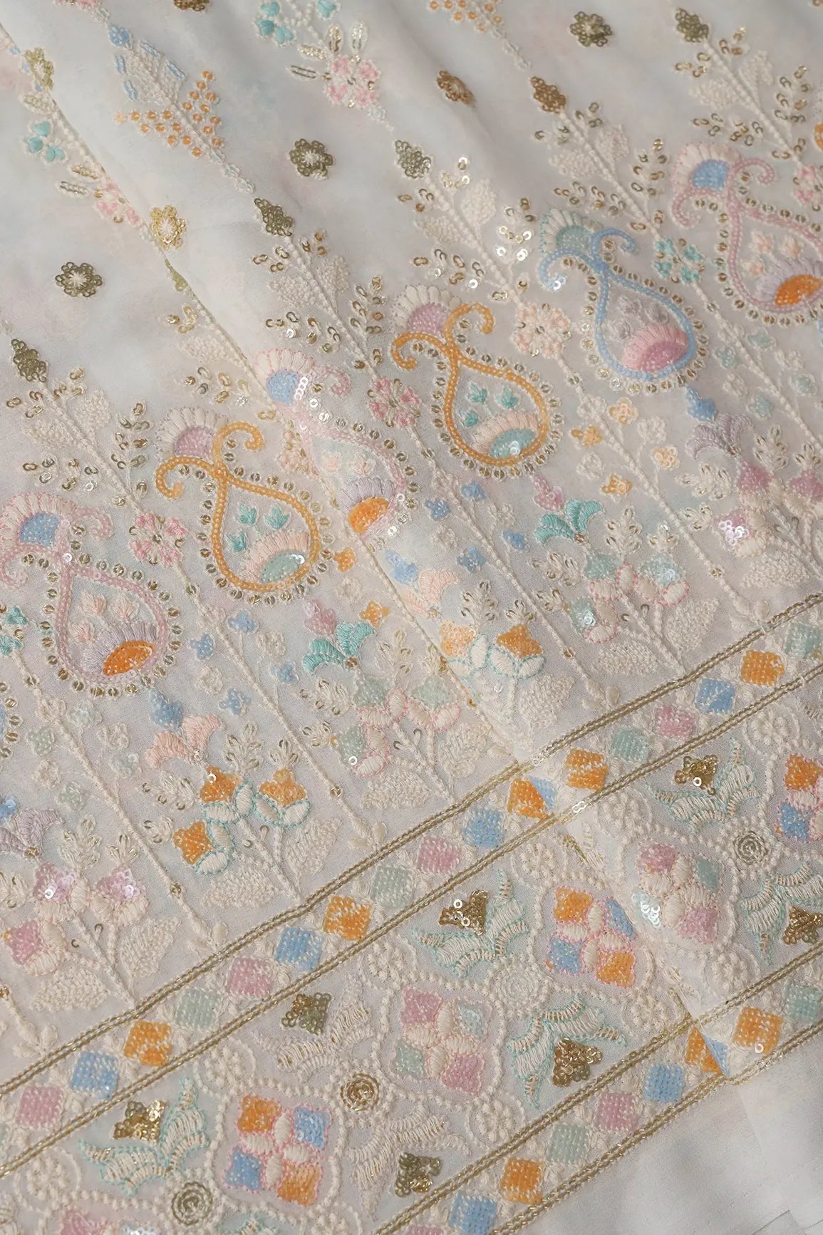 Big Width "56" Multi Sequins With White Thread Traditional Embroidery On Dyeable White Viscose Georgette Fabric With Border - doeraa