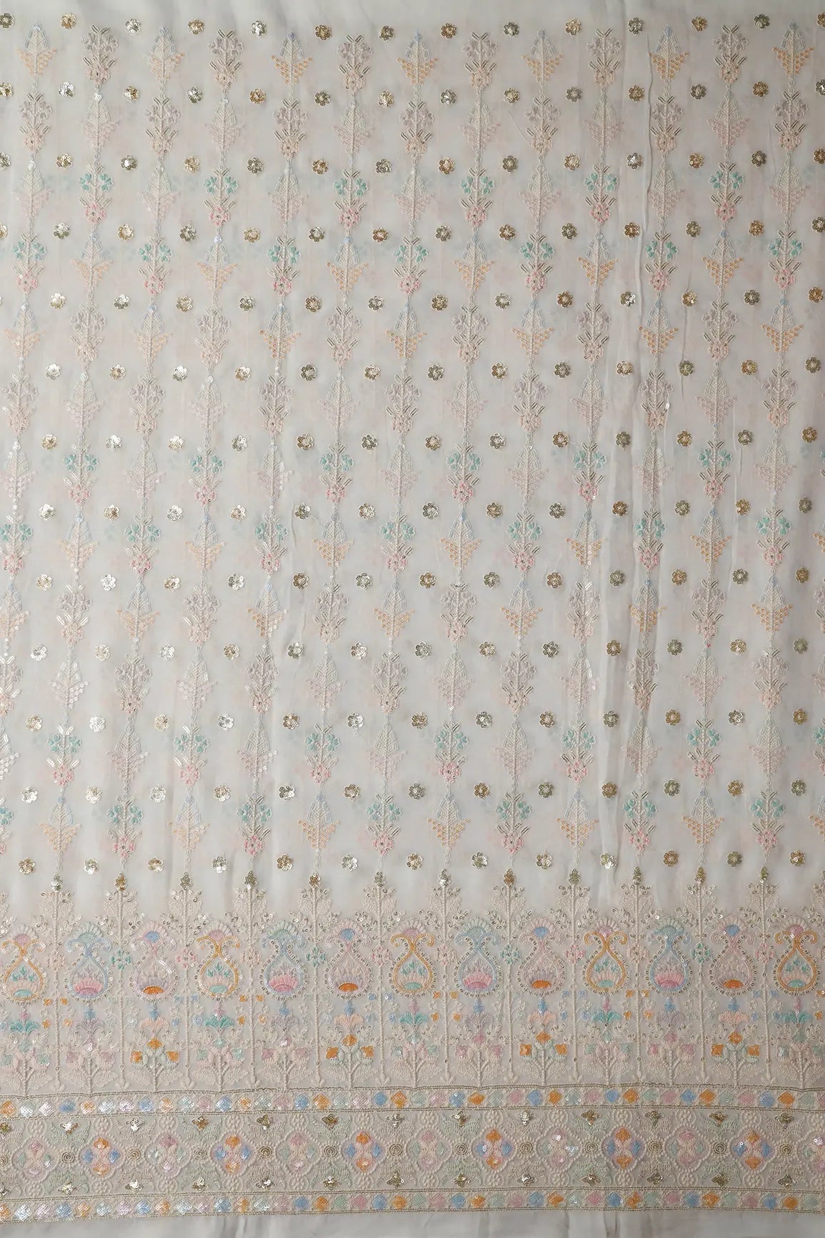Big Width "56" Multi Sequins With White Thread Traditional Embroidery On Dyeable White Viscose Georgette Fabric With Border - doeraa