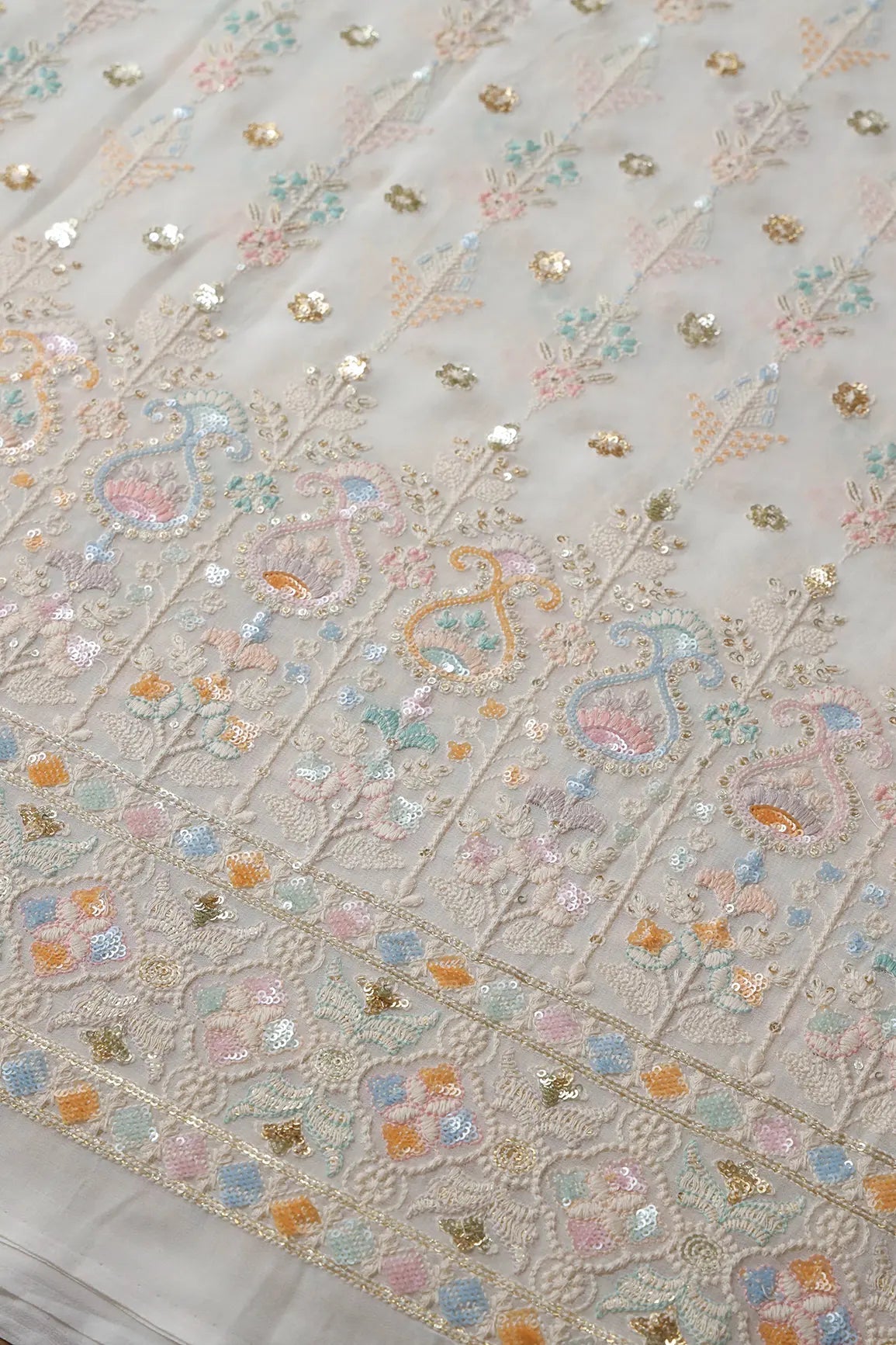 Big Width "56" Multi Sequins With White Thread Traditional Embroidery On Dyeable White Viscose Georgette Fabric With Border - doeraa