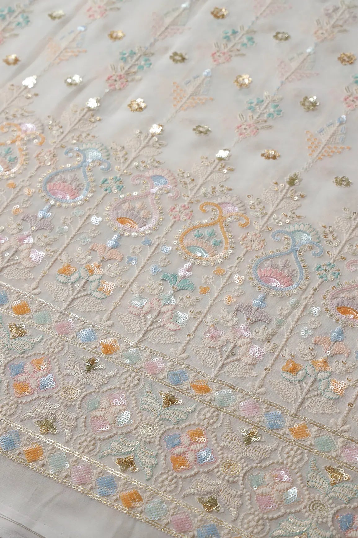Big Width "56" Multi Sequins With White Thread Traditional Embroidery On Dyeable White Viscose Georgette Fabric With Border - doeraa