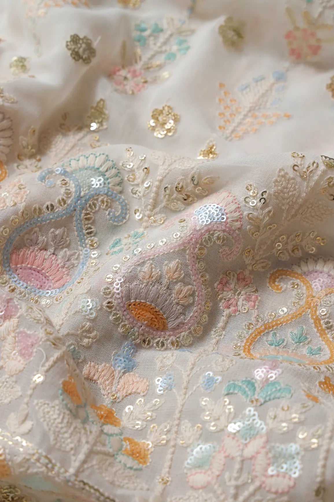 Big Width "56" Multi Sequins With White Thread Traditional Embroidery On Dyeable White Viscose Georgette Fabric With Border - doeraa