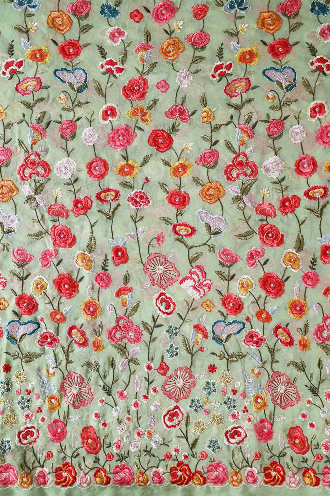 Big Width "56" Multi Thread With Water Sequins Floral Embroidery On Olive Viscose Georgette Fabric - doeraa