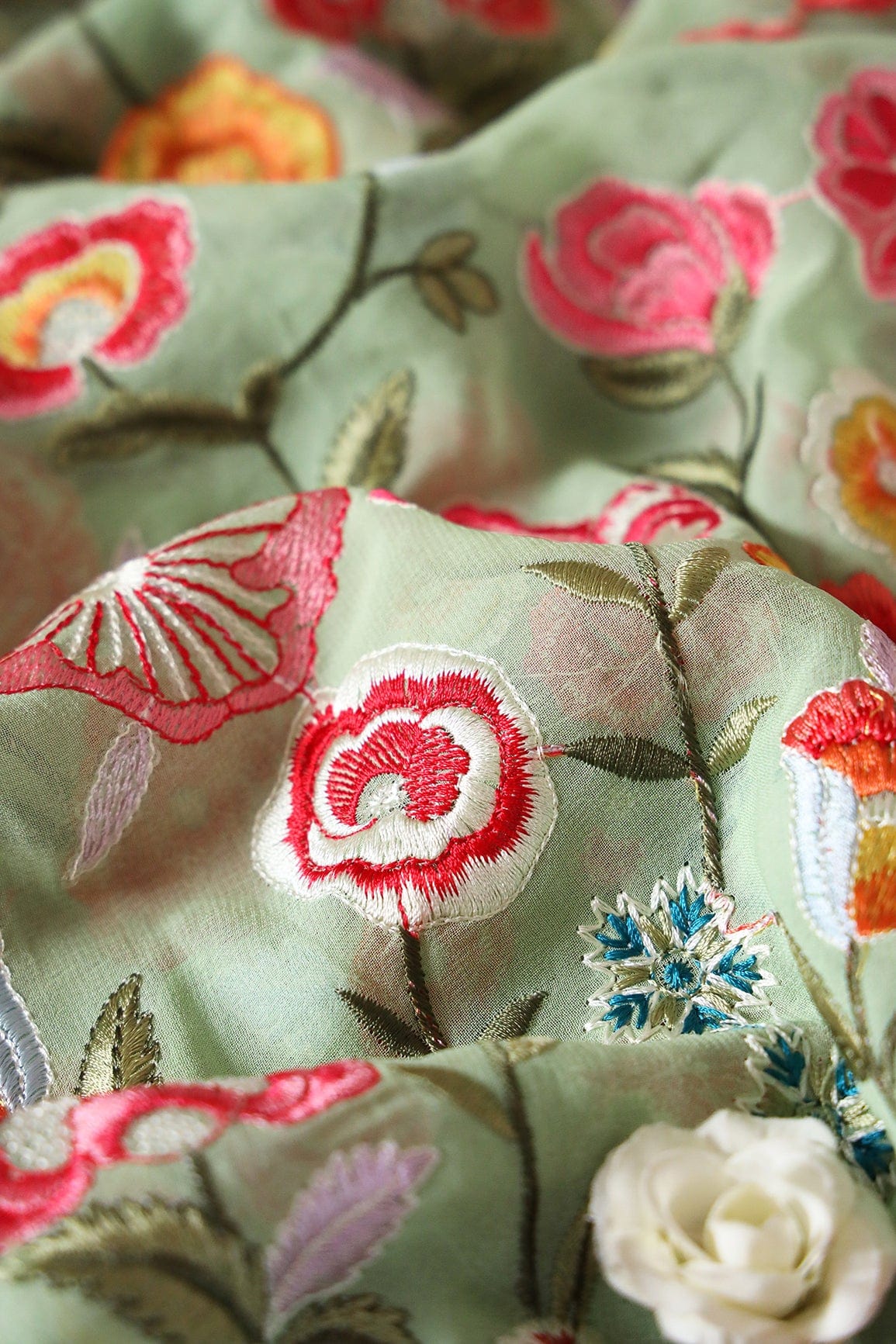 Big Width "56" Multi Thread With Water Sequins Floral Embroidery On Olive Viscose Georgette Fabric - doeraa