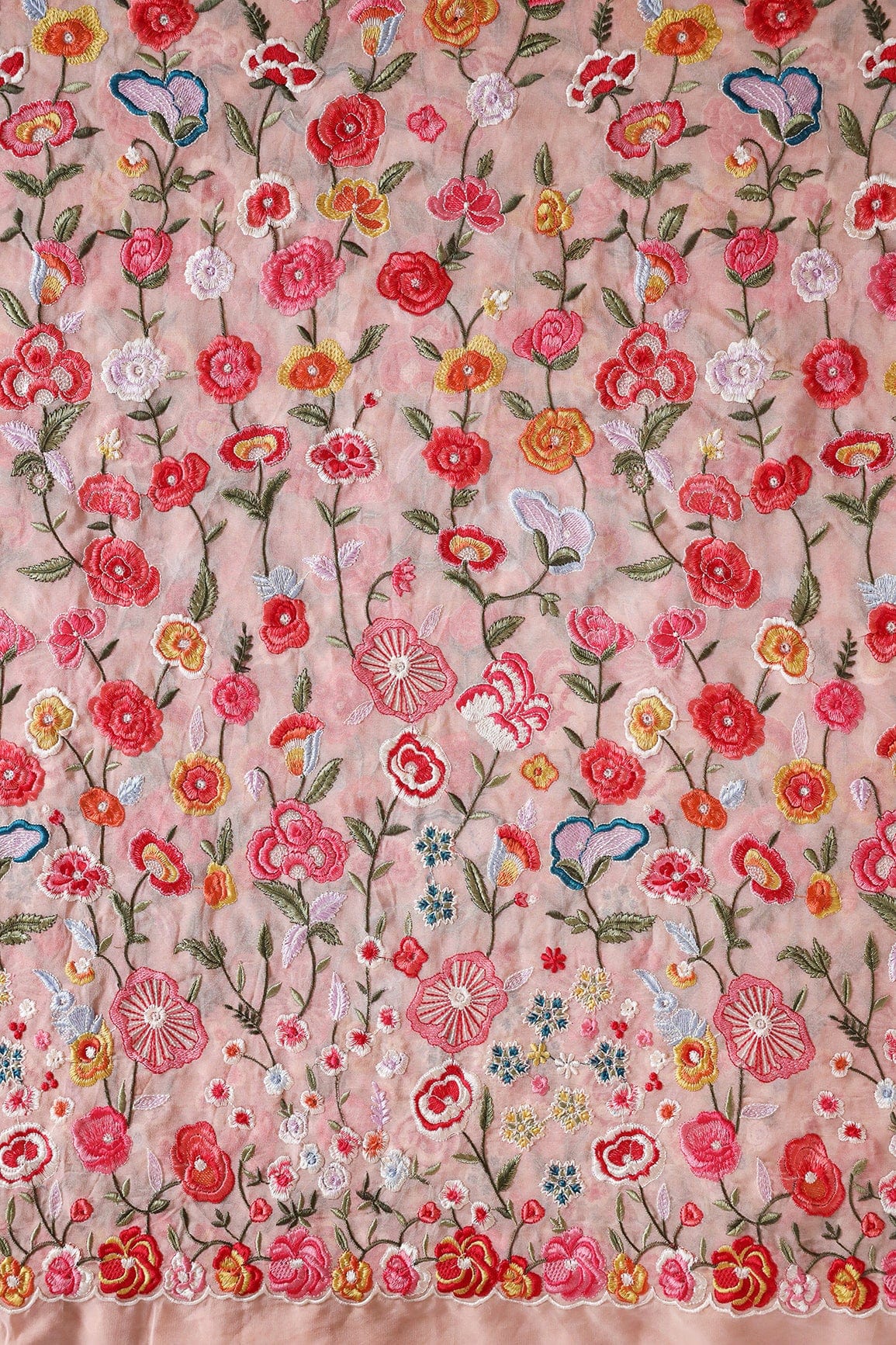 Big Width "56" Multi Thread With Water Sequins Floral Embroidery On Peach Viscose Georgette Fabric - doeraa