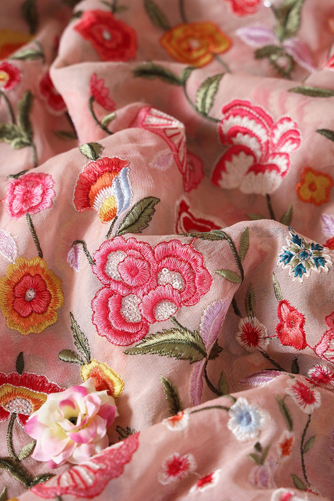 Big Width "56" Multi Thread With Water Sequins Floral Embroidery On Peach Viscose Georgette Fabric - doeraa