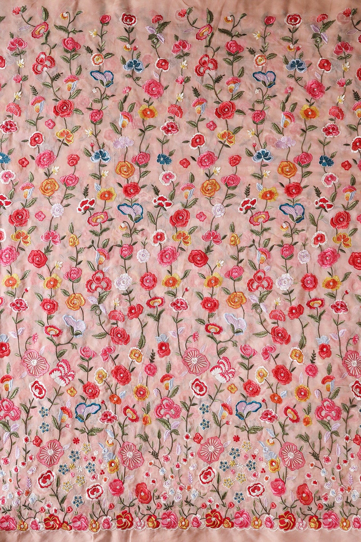 Big Width "56" Multi Thread With Water Sequins Floral Embroidery On Peach Viscose Georgette Fabric - doeraa