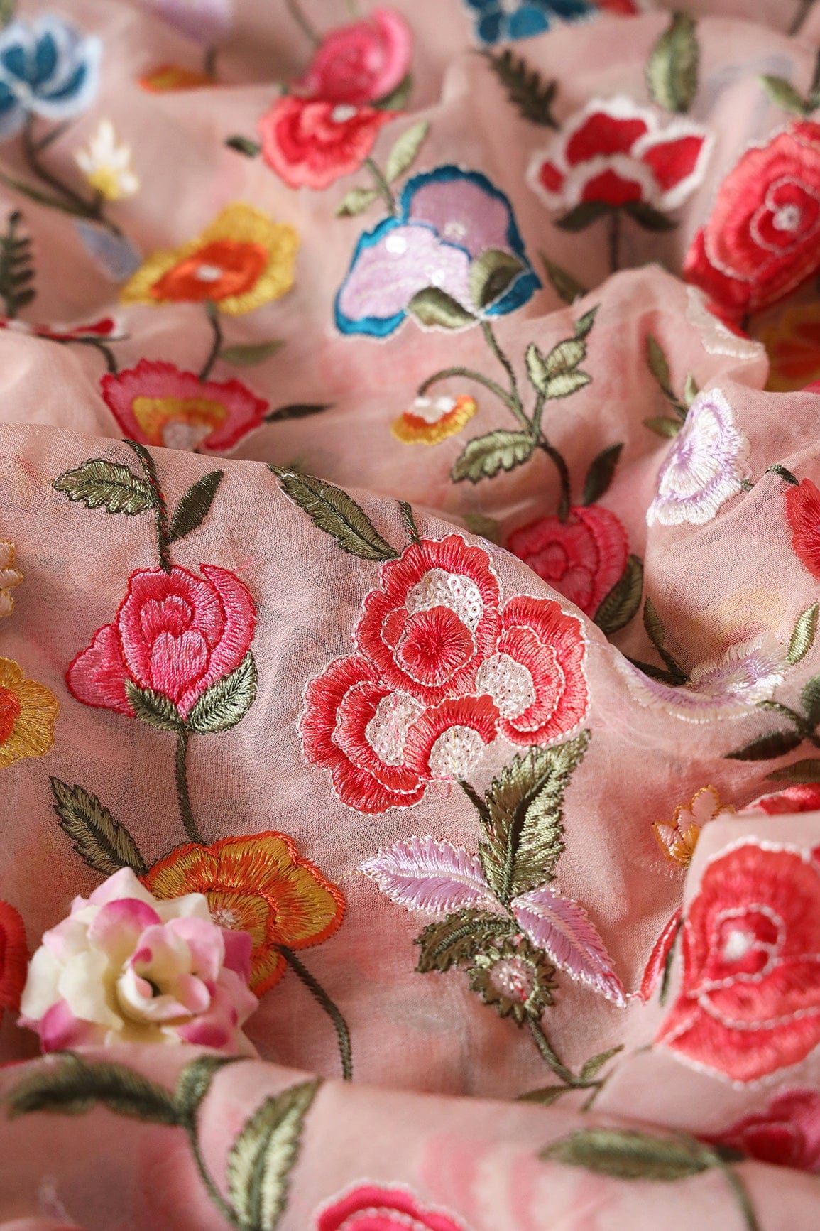 Big Width "56" Multi Thread With Water Sequins Floral Embroidery On Peach Viscose Georgette Fabric - doeraa