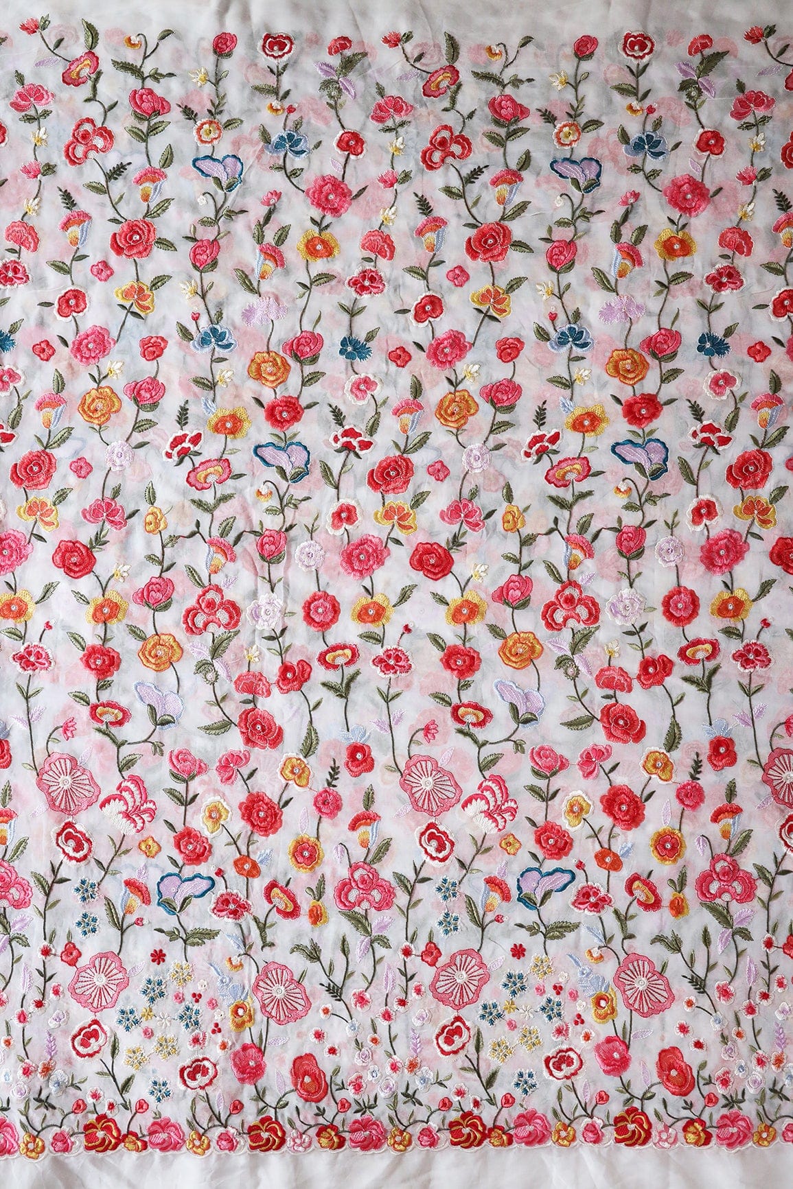 Big Width "56" Multi Thread With Water Sequins Floral Embroidery On White Viscose Georgette Fabric - doeraa