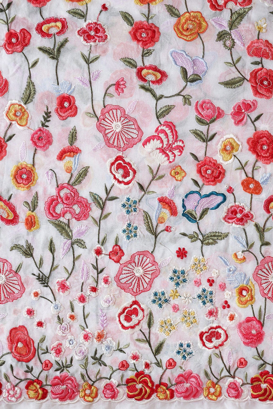 Big Width "56" Multi Thread With Water Sequins Floral Embroidery On White Viscose Georgette Fabric - doeraa