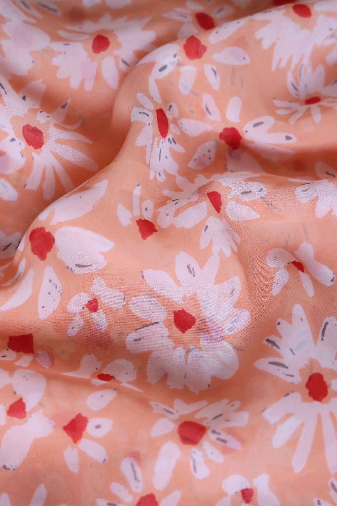 Big Width "56" White And Red Floral Digital Print On Peach Georgette Fabric - doeraa
