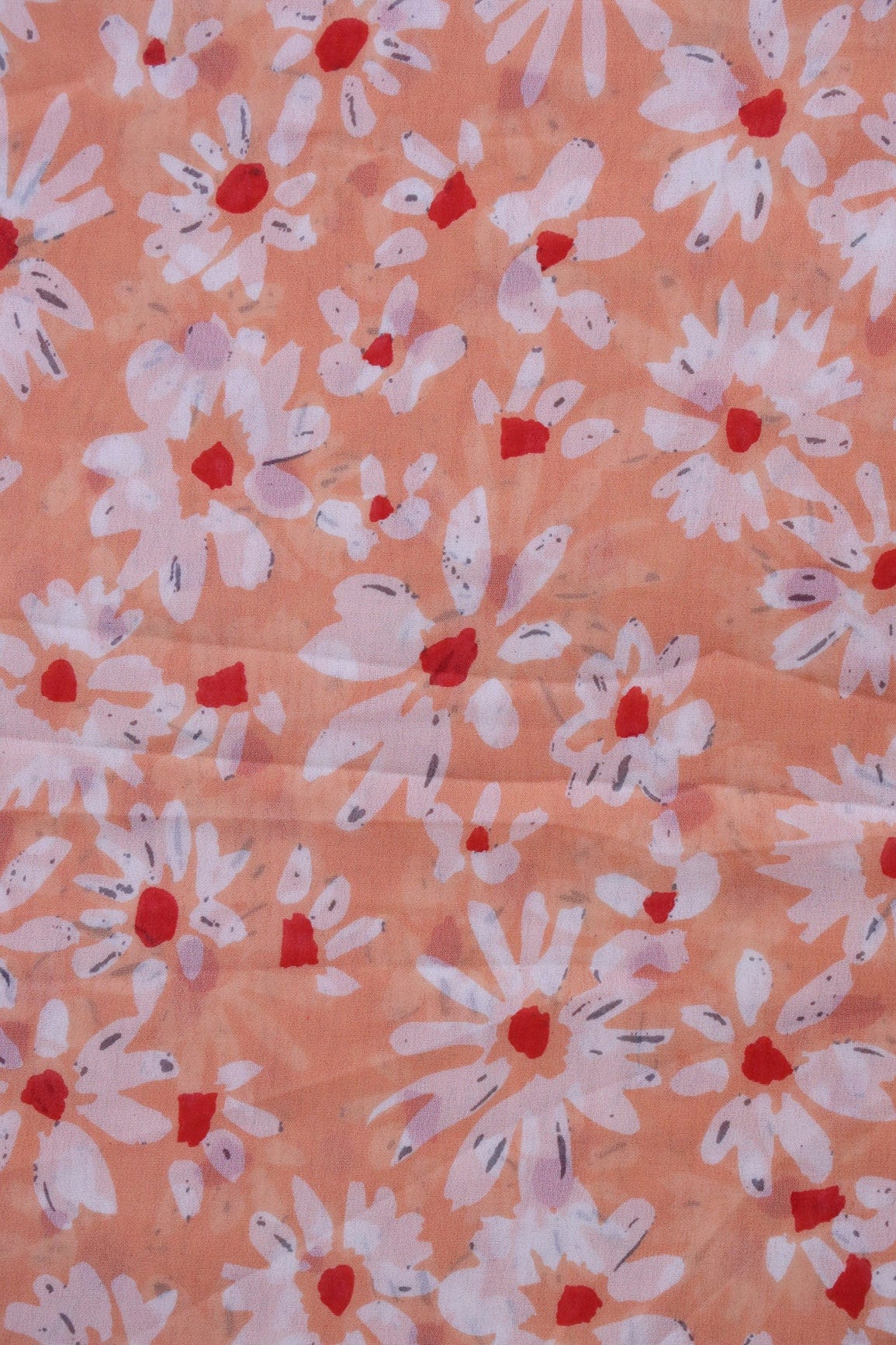 Big Width "56" White And Red Floral Digital Print On Peach Georgette Fabric - doeraa