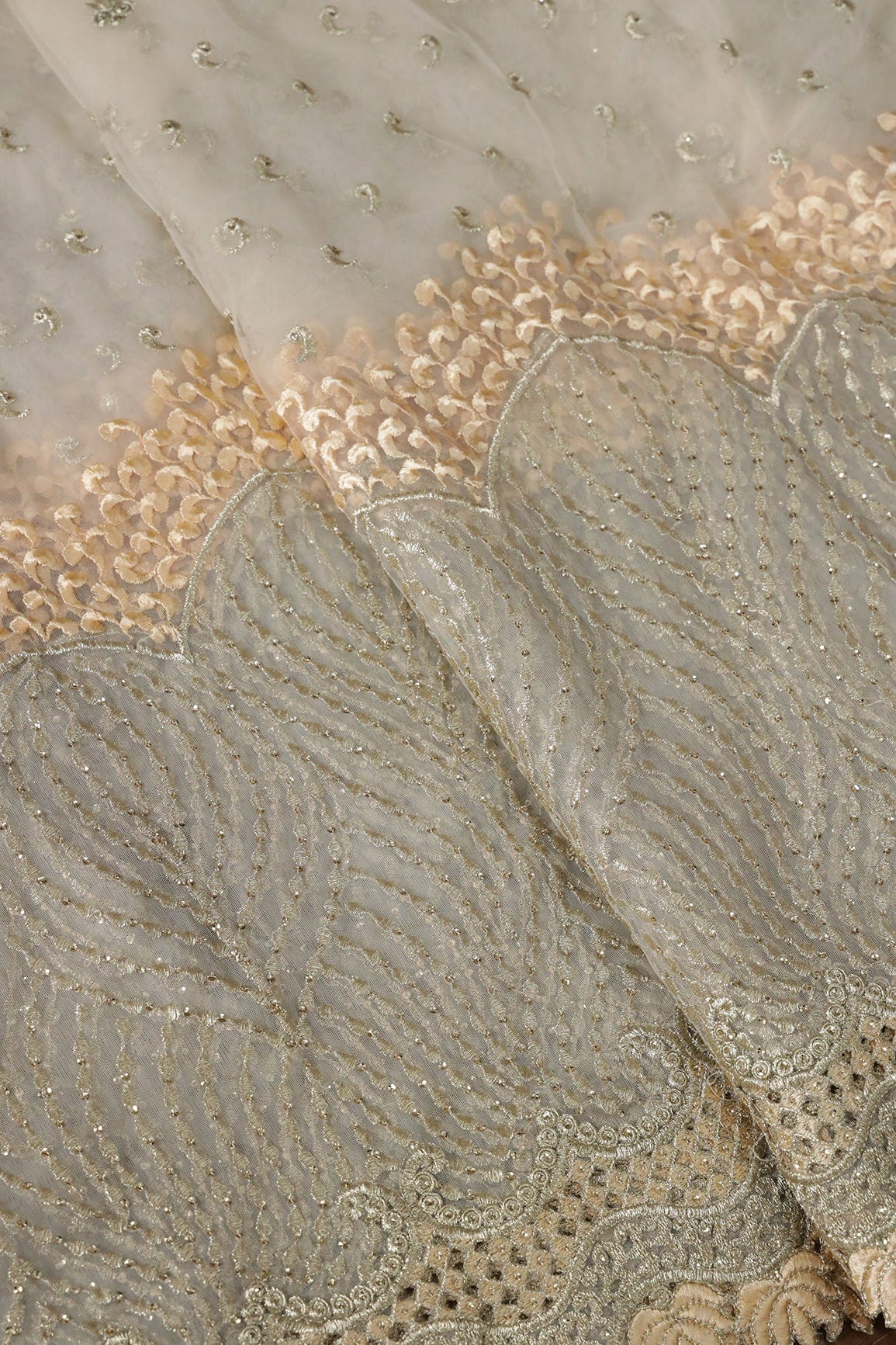 Big Width''56'' Beige Thread With Zari Traditional Embroidery Work On Beige Soft Net Fabric With Border - doeraa