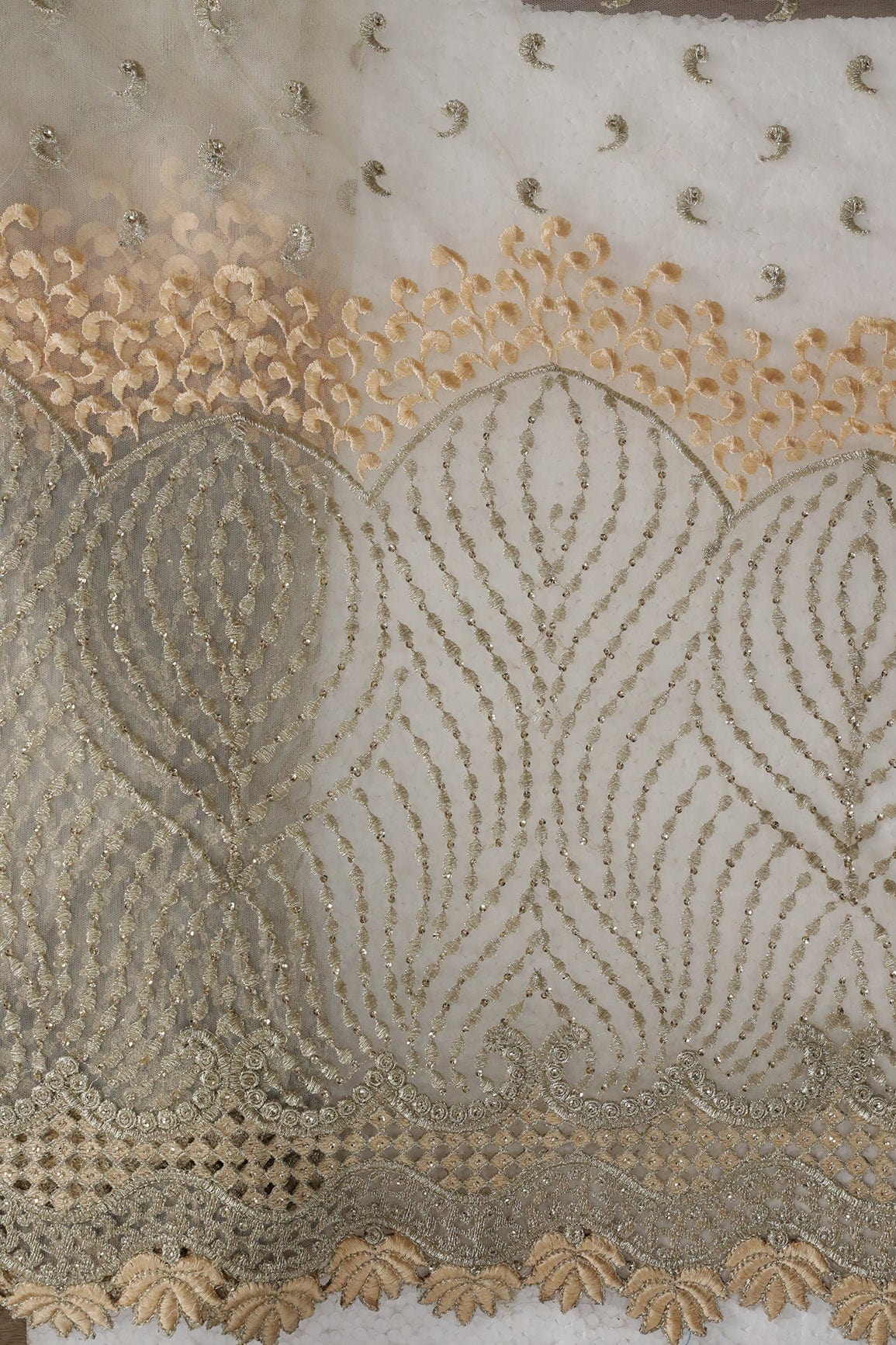 Big Width''56'' Beige Thread With Zari Traditional Embroidery Work On Beige Soft Net Fabric With Border - doeraa