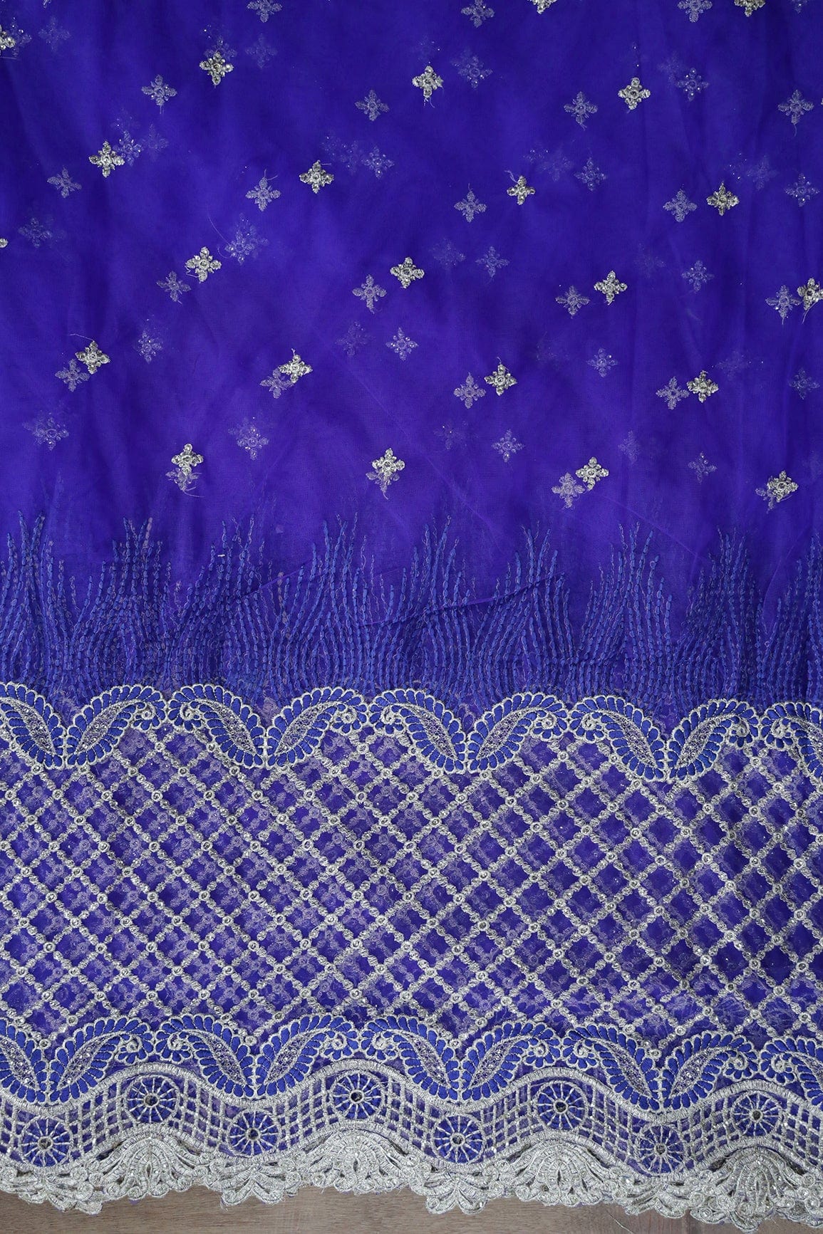 Big Width''56'' Blue Thread With Zari Checks Embroidery Work On Royal Blue Soft Net Fabric With Border - doeraa