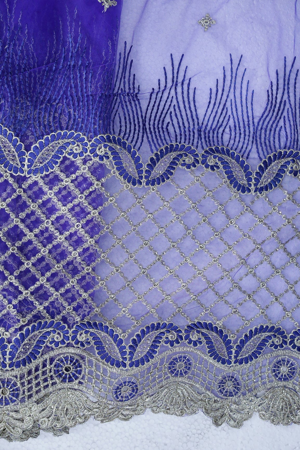 Big Width''56'' Blue Thread With Zari Checks Embroidery Work On Royal Blue Soft Net Fabric With Border - doeraa