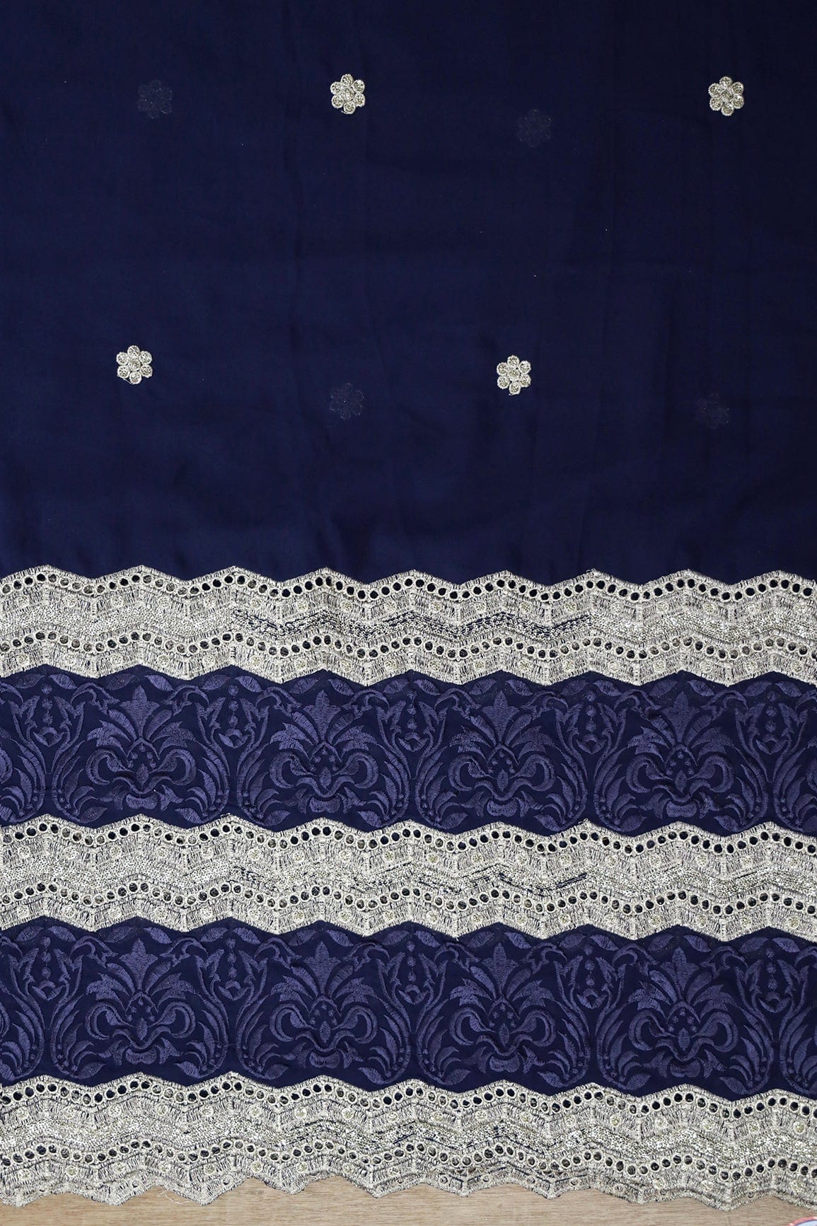 Big Width''56'' Blue Thread With Zari Ethnic Embroidery Work On Navy Blue Georgette Fabric With Border - doeraa
