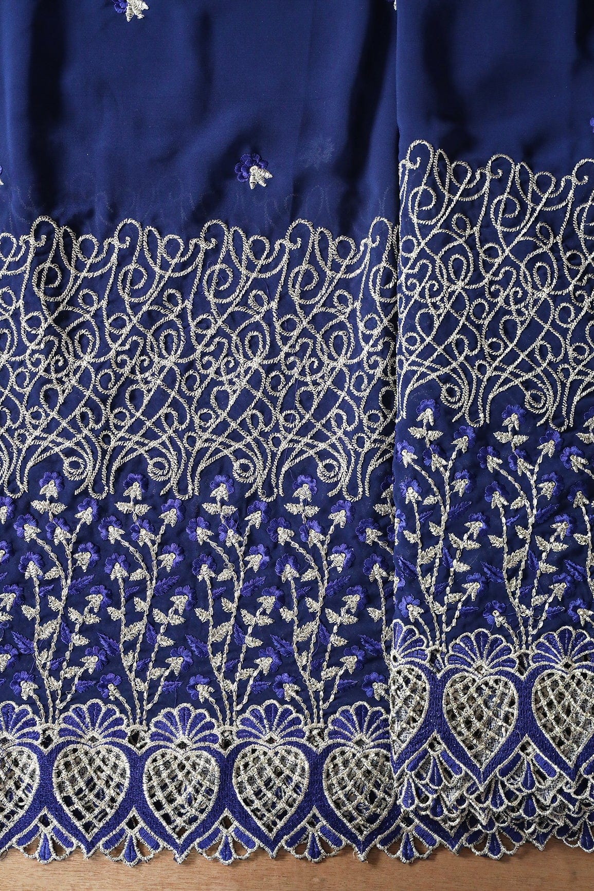 Big Width''56'' Blue Thread With Zari Floral Embroidery Work On Navy Blue Georgette Fabric With Border - doeraa