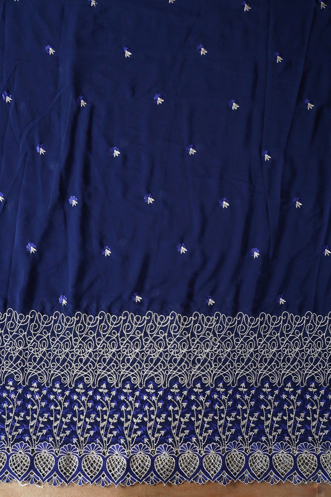 Big Width''56'' Blue Thread With Zari Floral Embroidery Work On Navy Blue Georgette Fabric With Border - doeraa