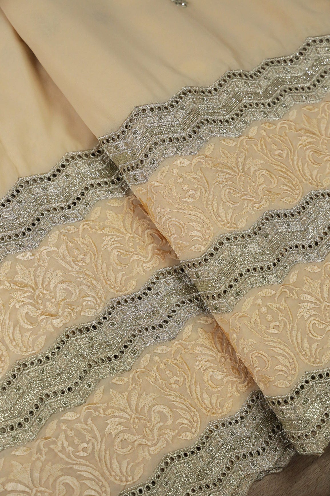 Big Width''56'' Cream Thread With Zari Ethnic Embroidery Work On Cream Georgette Fabric With Border - doeraa